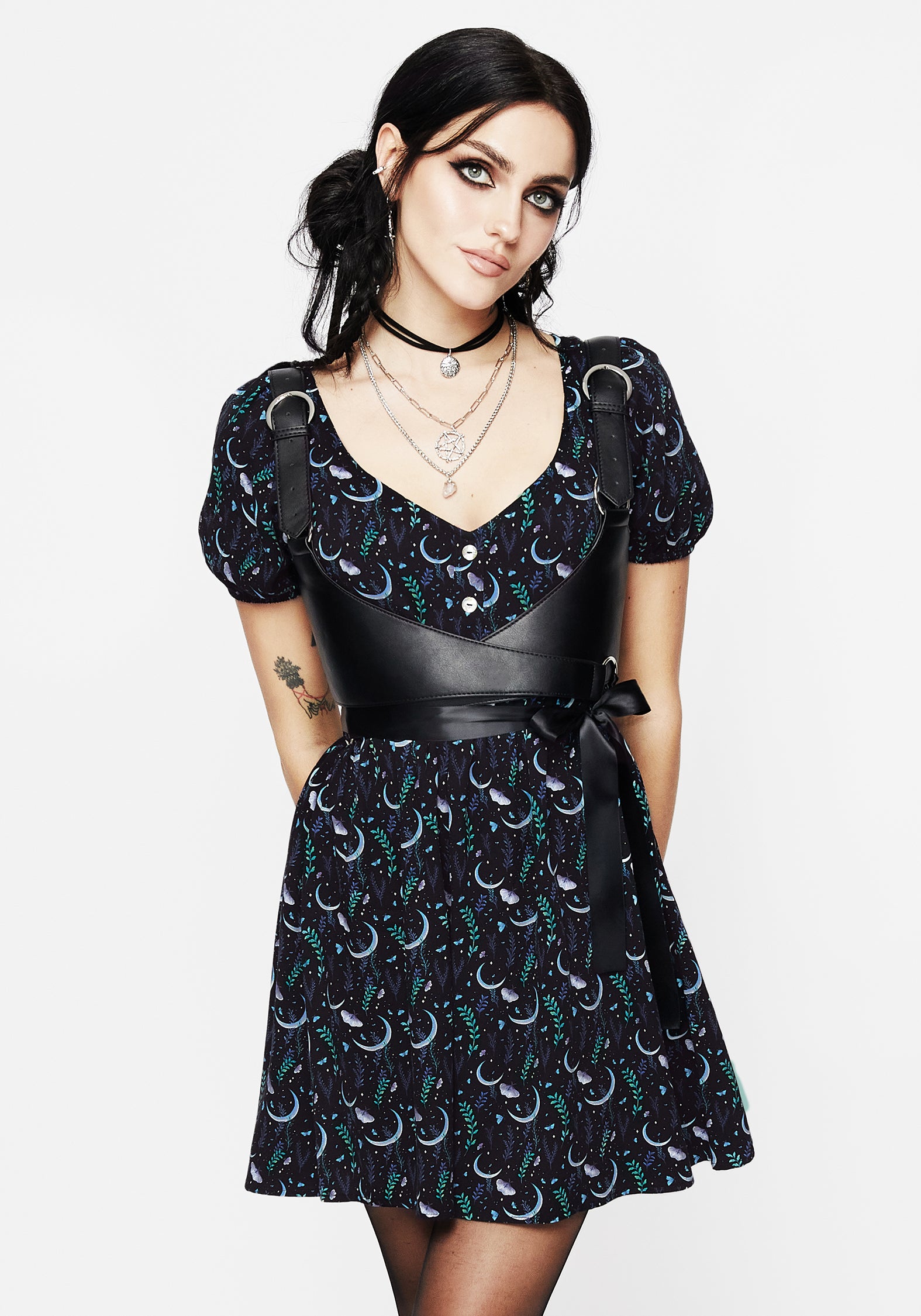 Black Moth & Moon Print Mini Dress | Diana Moon