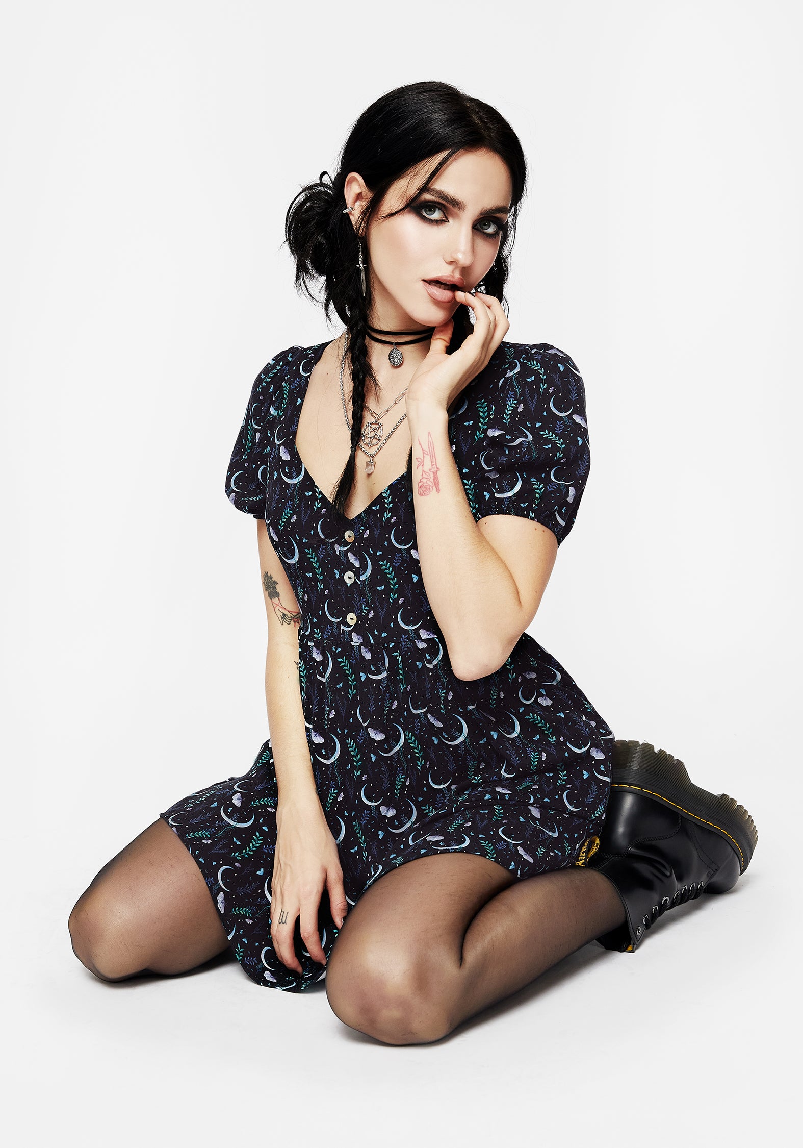 Black Moth & Moon Print Mini Dress | Diana Moon