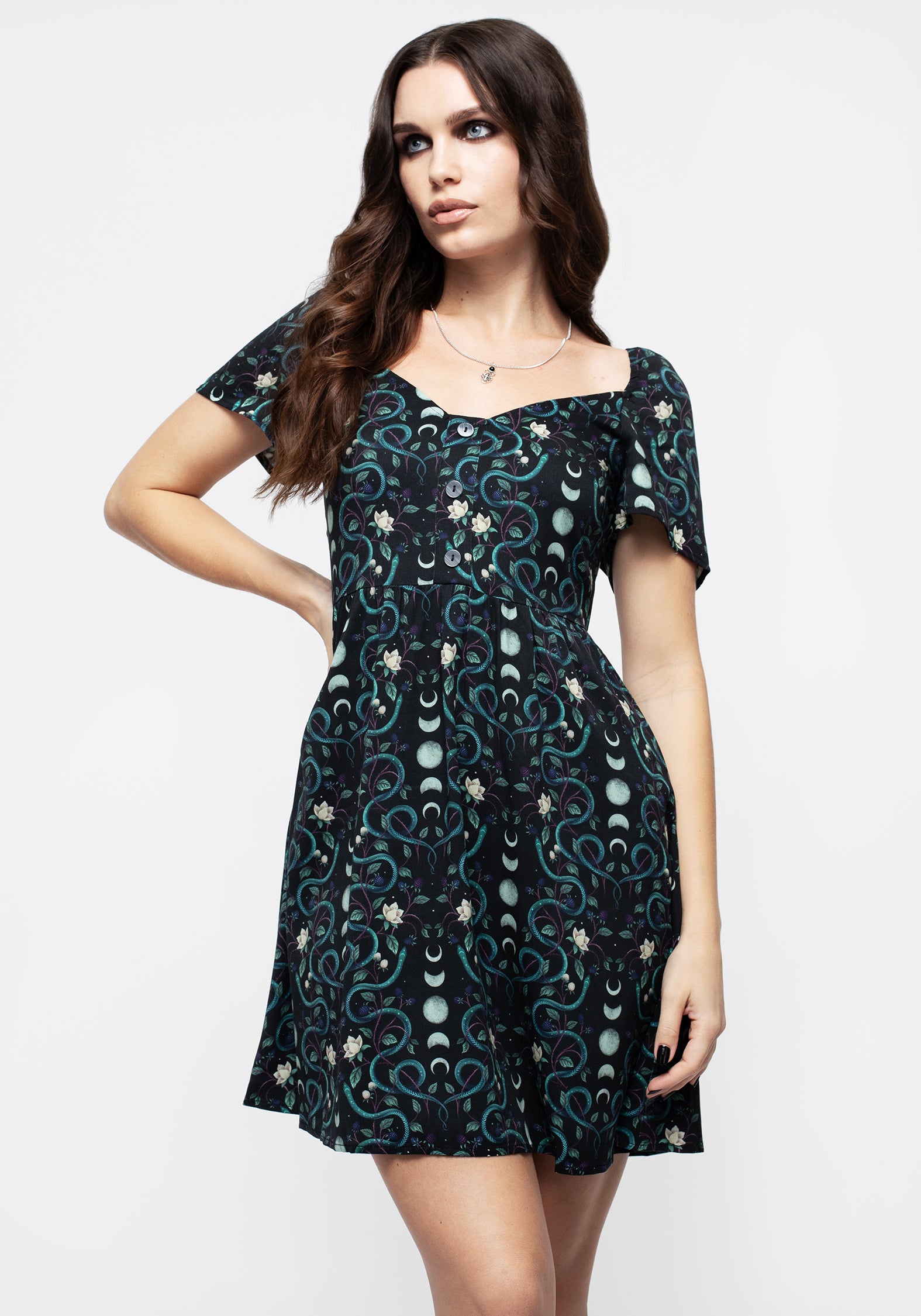 Snake & Moon Print Button Front Mini Dress | Pythia