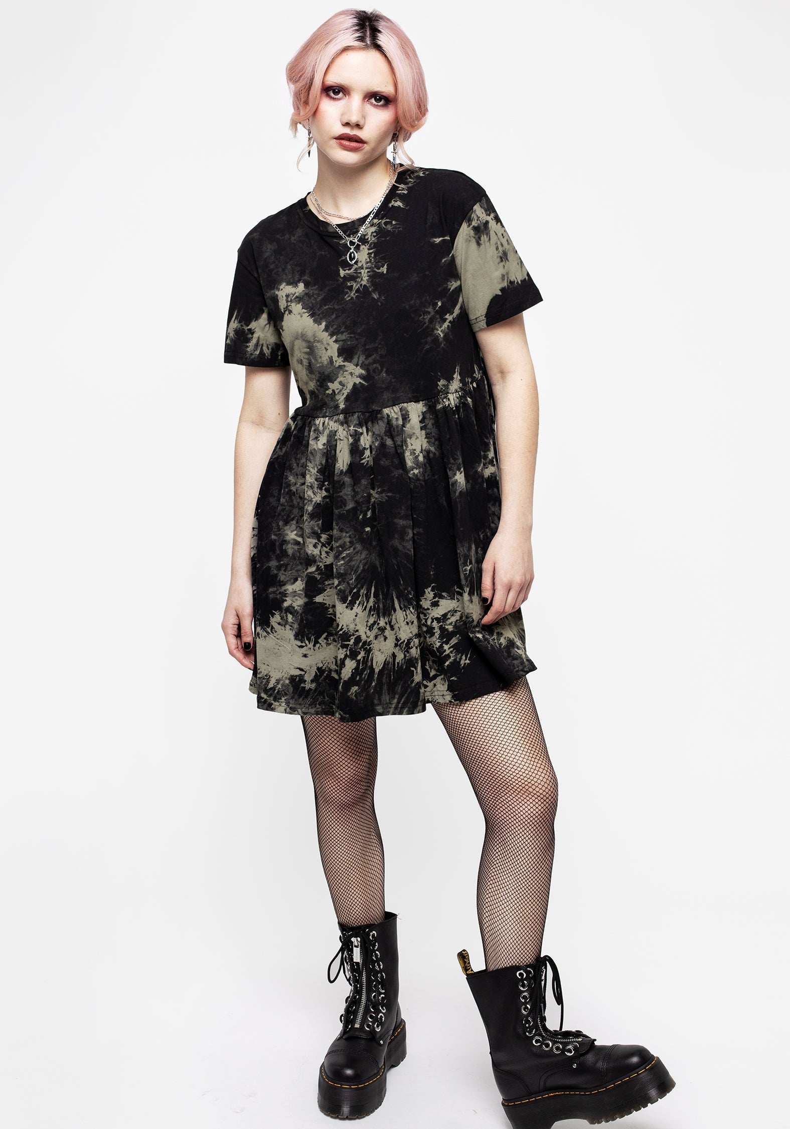 Black & Green Tie-Dye Skater Dress | Mini Length & Cotton Fabric