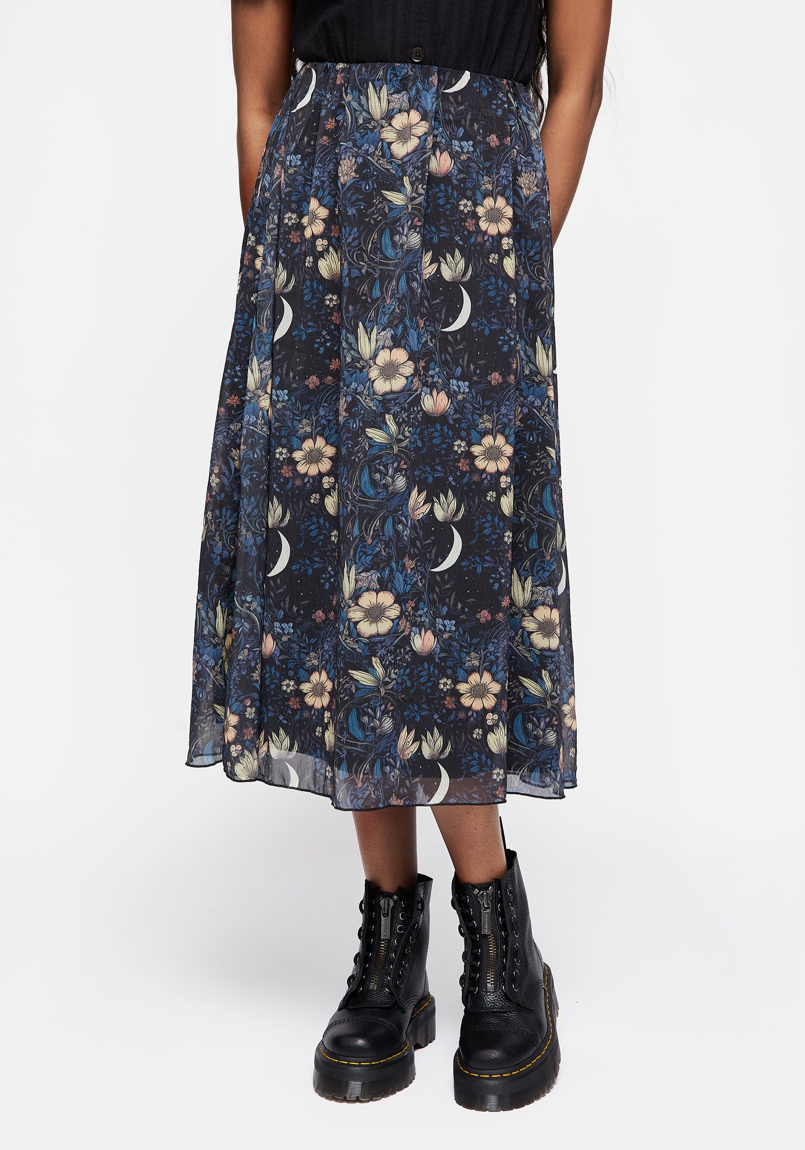 Floral Chiffon Midi Skirt with Elastic Waistband | Primrose