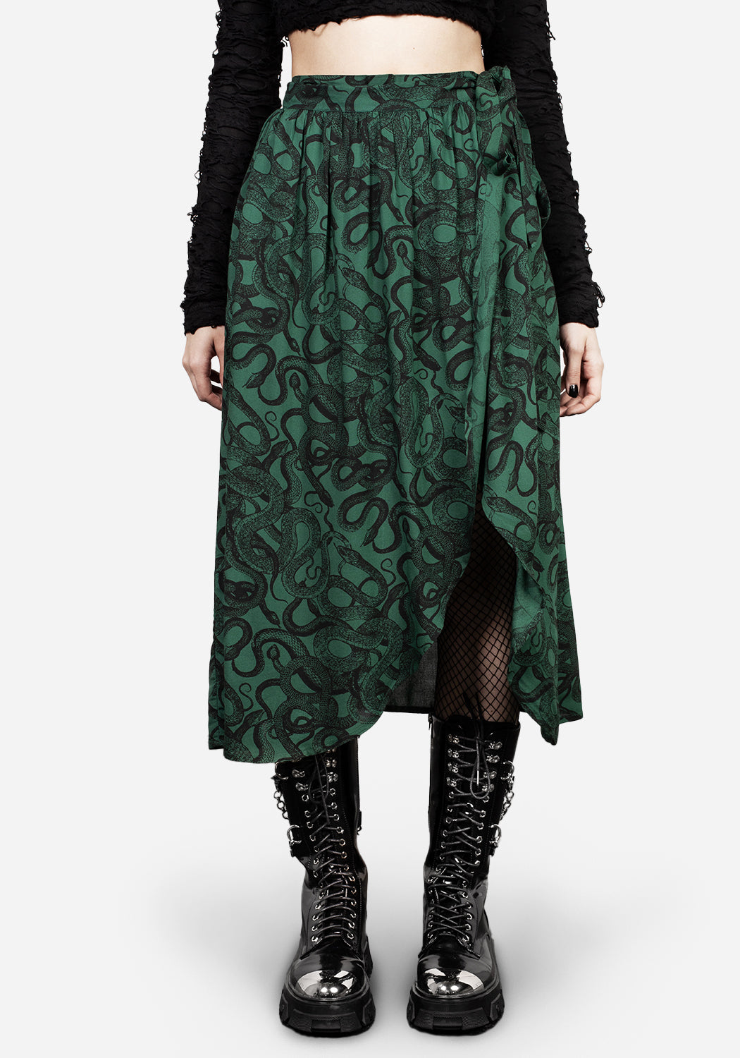 Green Snake Print Wrap Midi Skirt | Breathable Viscose