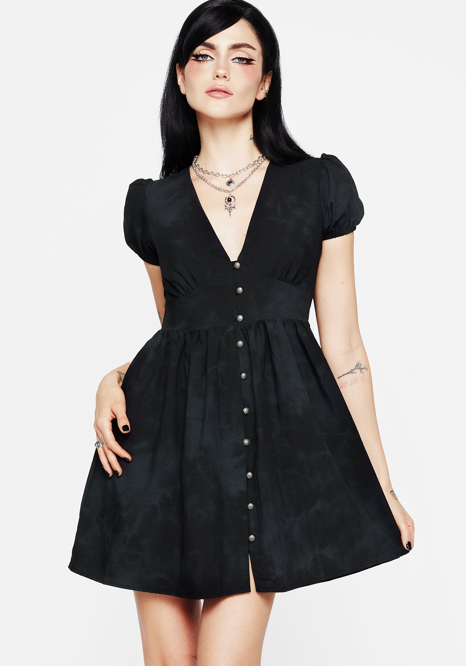 Black Corset Mini Dress with Button Front & Puff Sleeves | Gladys