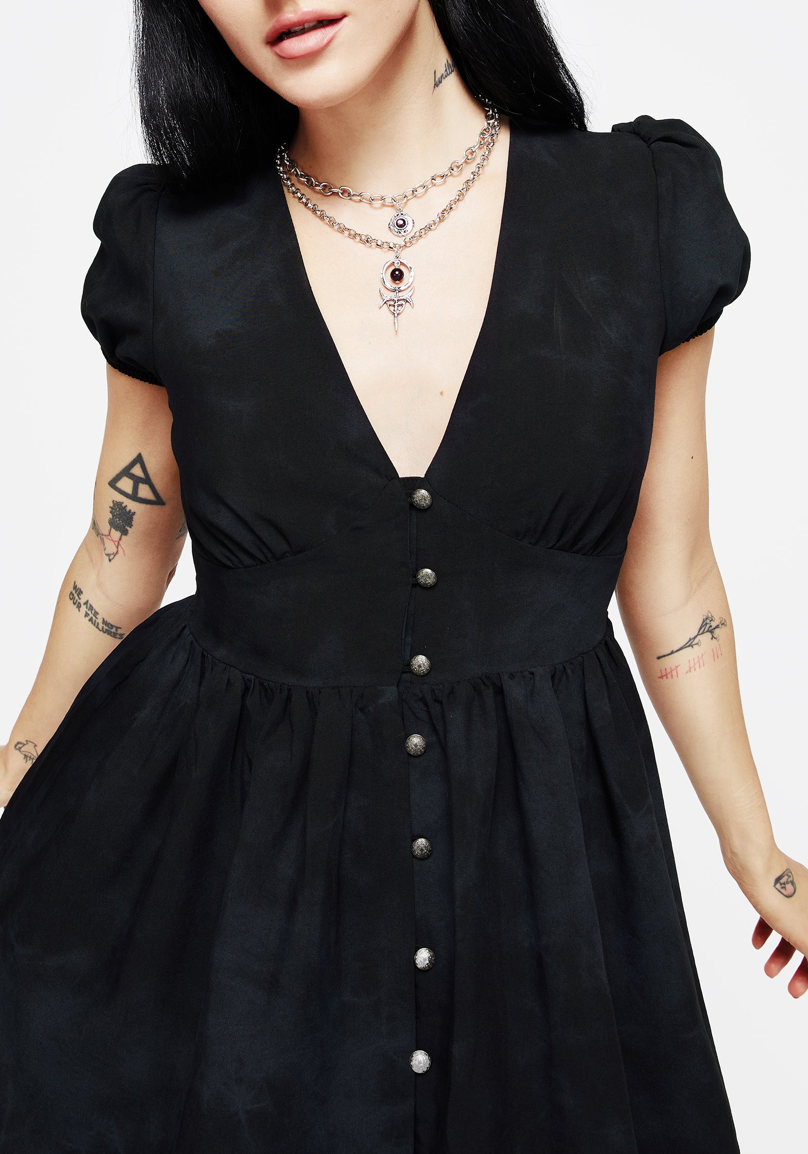 Black Corset Mini Dress with Button Front & Puff Sleeves | Gladys