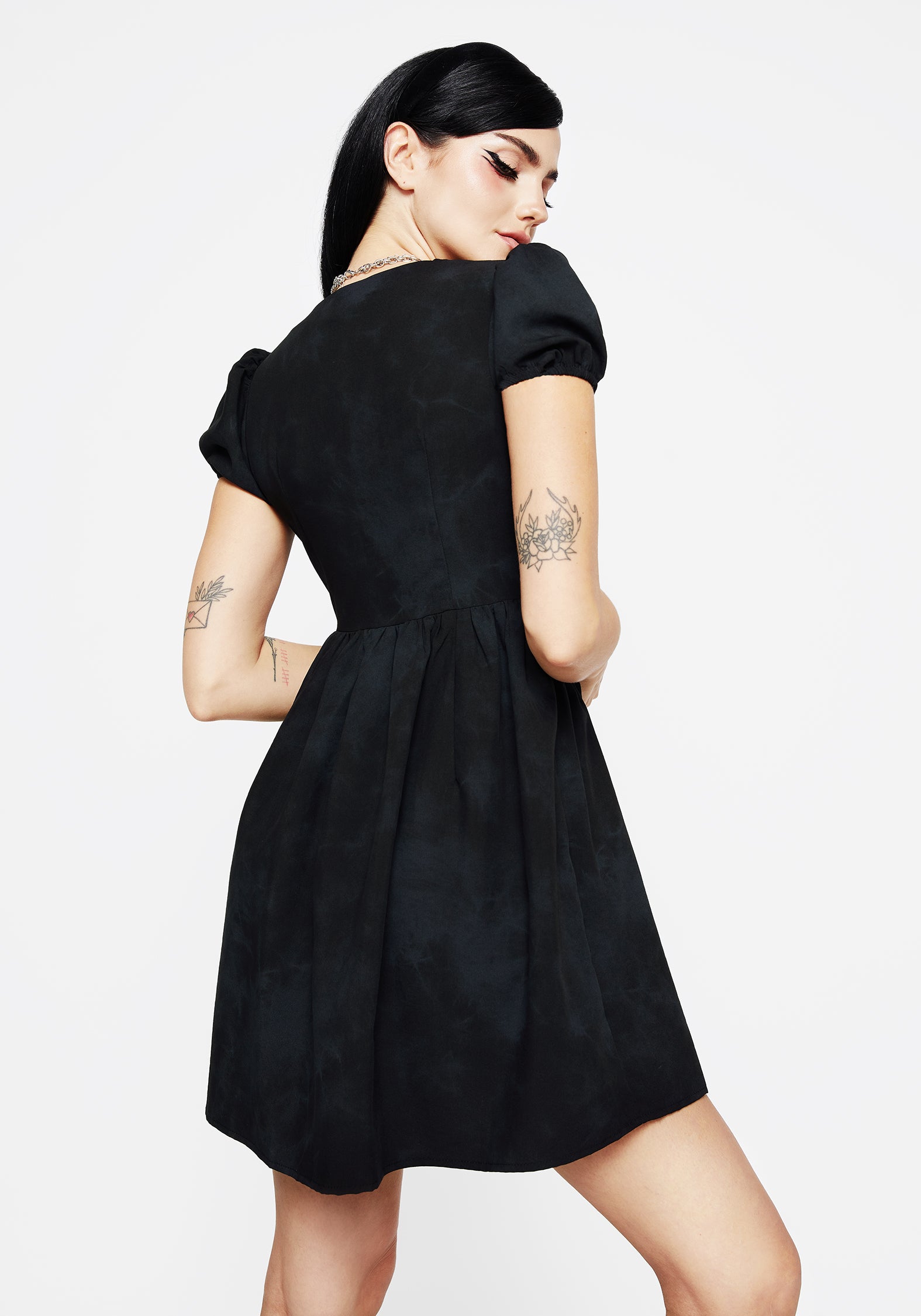 Black Corset Mini Dress with Button Front & Puff Sleeves | Gladys