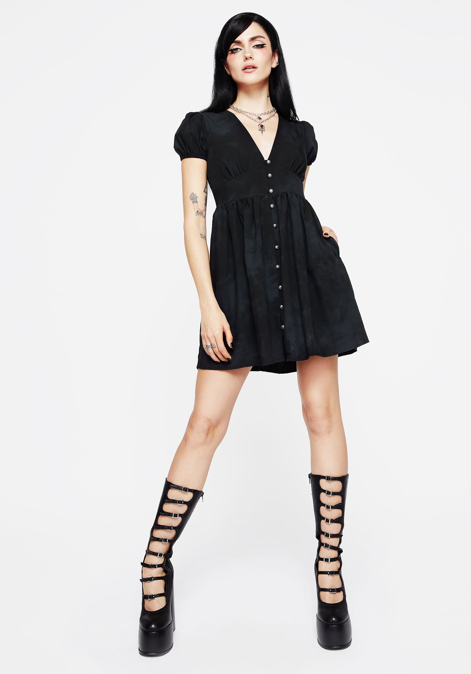 Black Corset Mini Dress with Button Front & Puff Sleeves | Gladys
