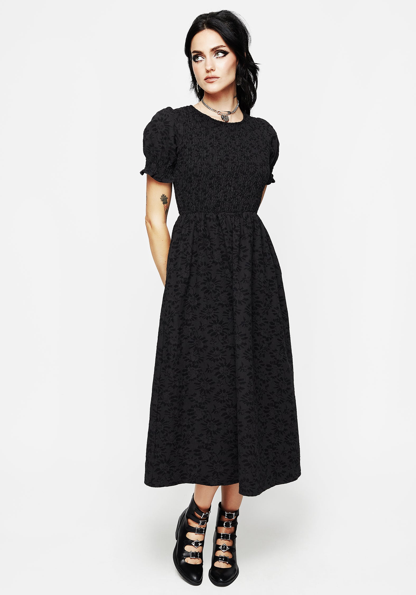 Floral Jacquard Midi Smock Dress with Puff Sleeves | Amun