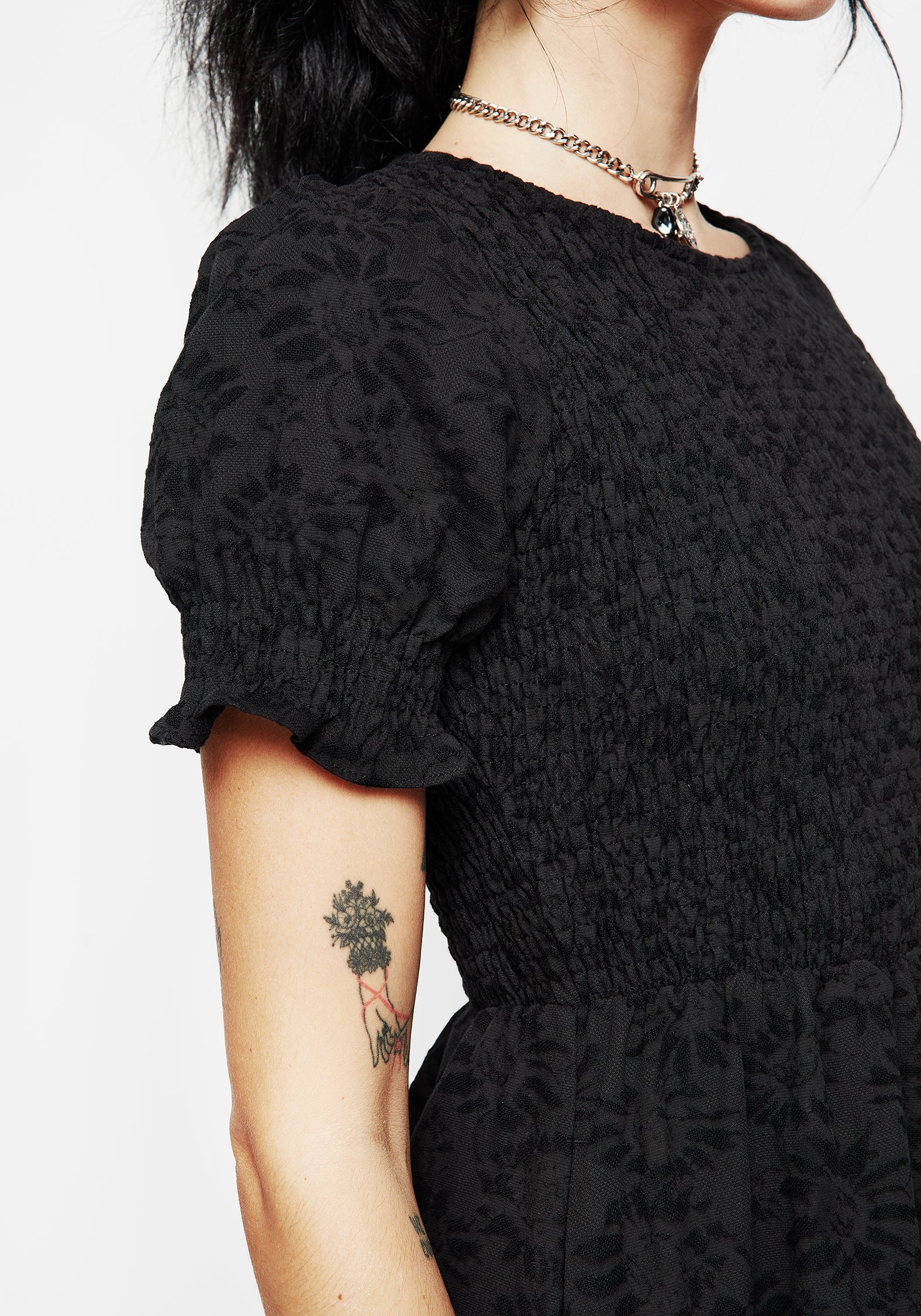 Floral Jacquard Midi Smock Dress with Puff Sleeves | Amun