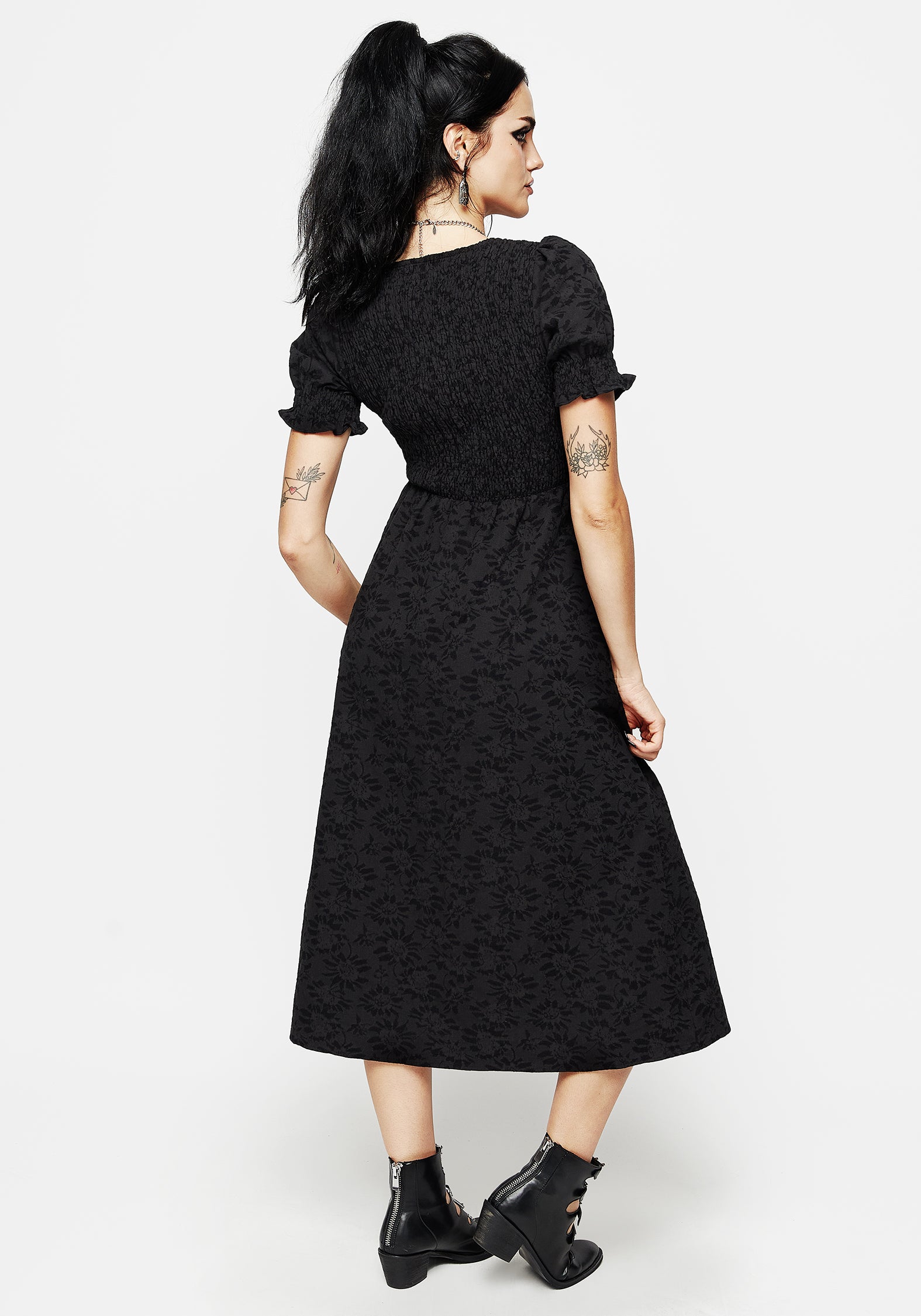 Floral Jacquard Midi Smock Dress with Puff Sleeves | Amun