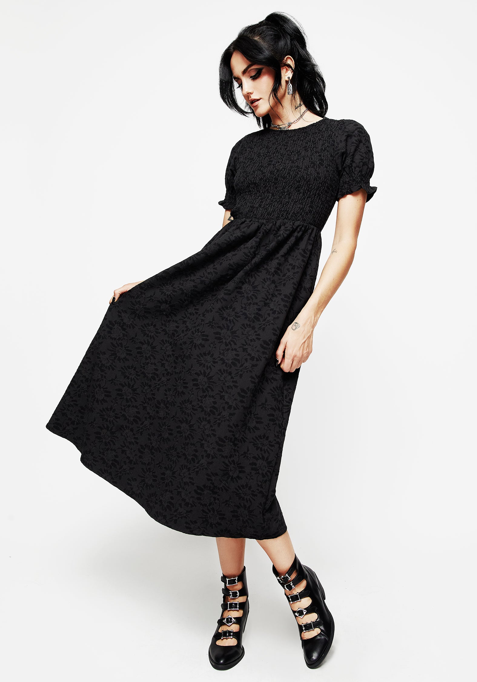 Floral Jacquard Midi Smock Dress with Puff Sleeves | Amun