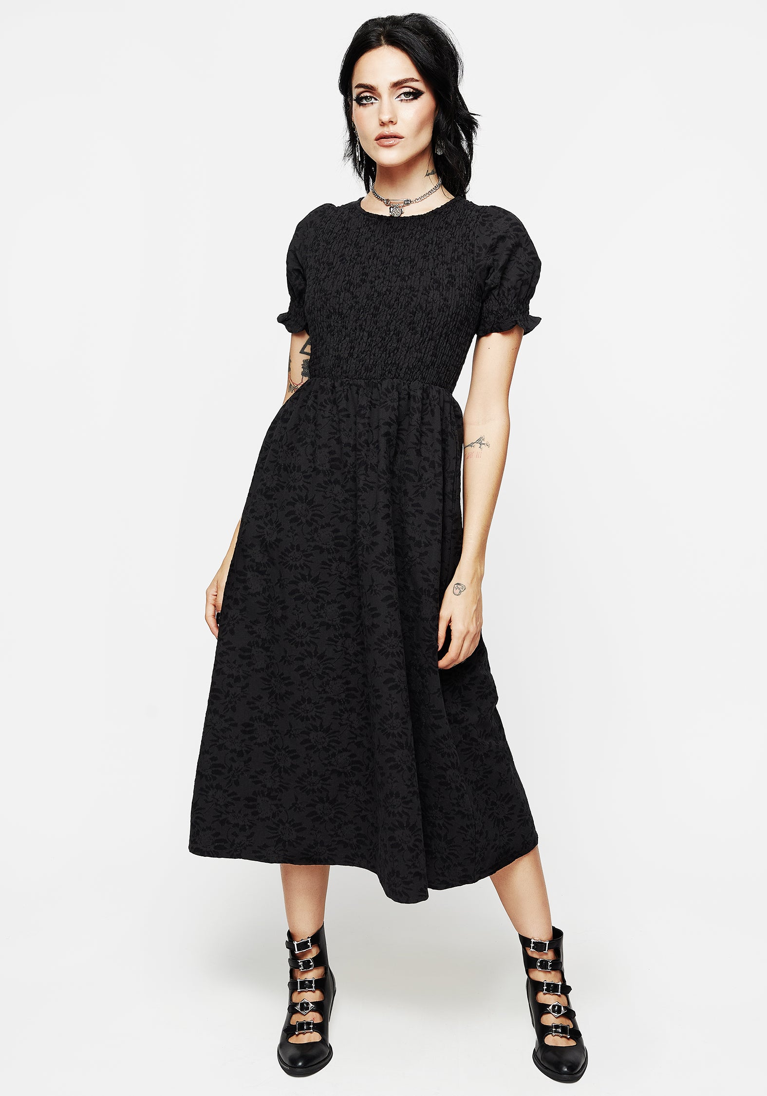Floral Jacquard Midi Smock Dress with Puff Sleeves | Amun