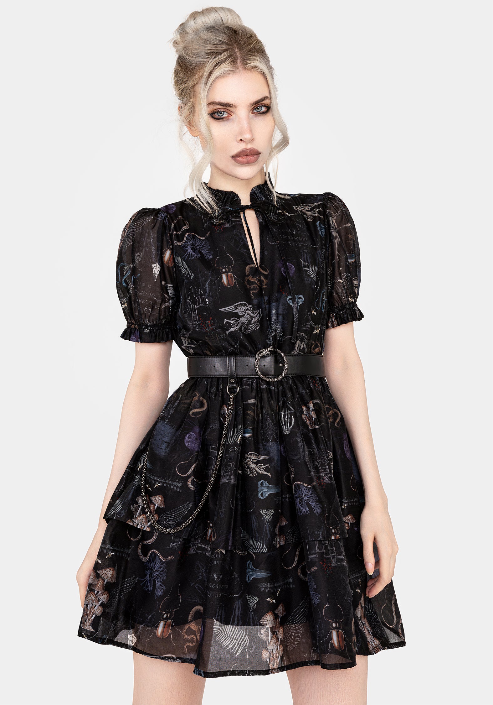 Gothic Victoriana Print Organza Mini Dress | Maudeline