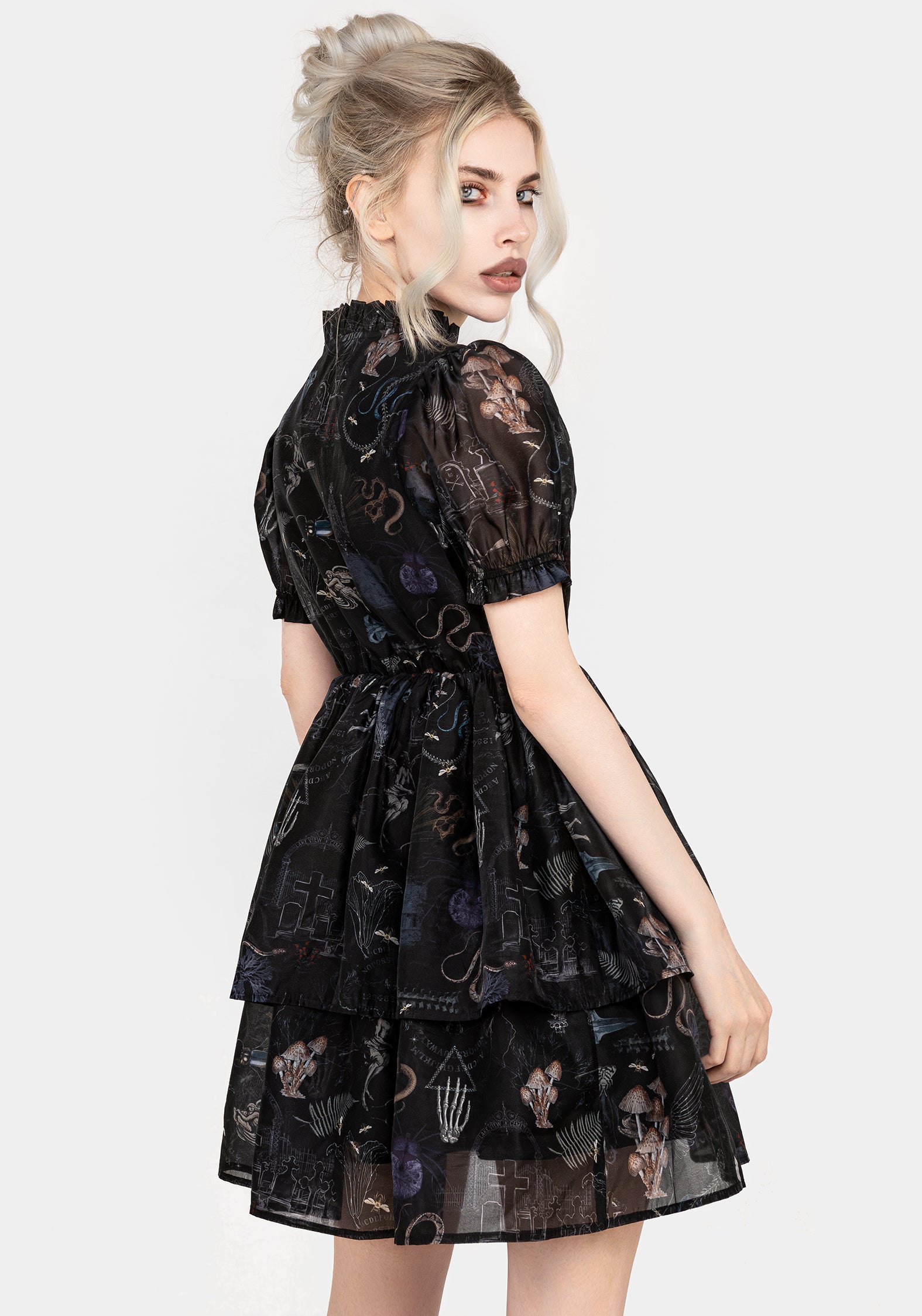 Gothic Victoriana Print Organza Mini Dress | Maudeline