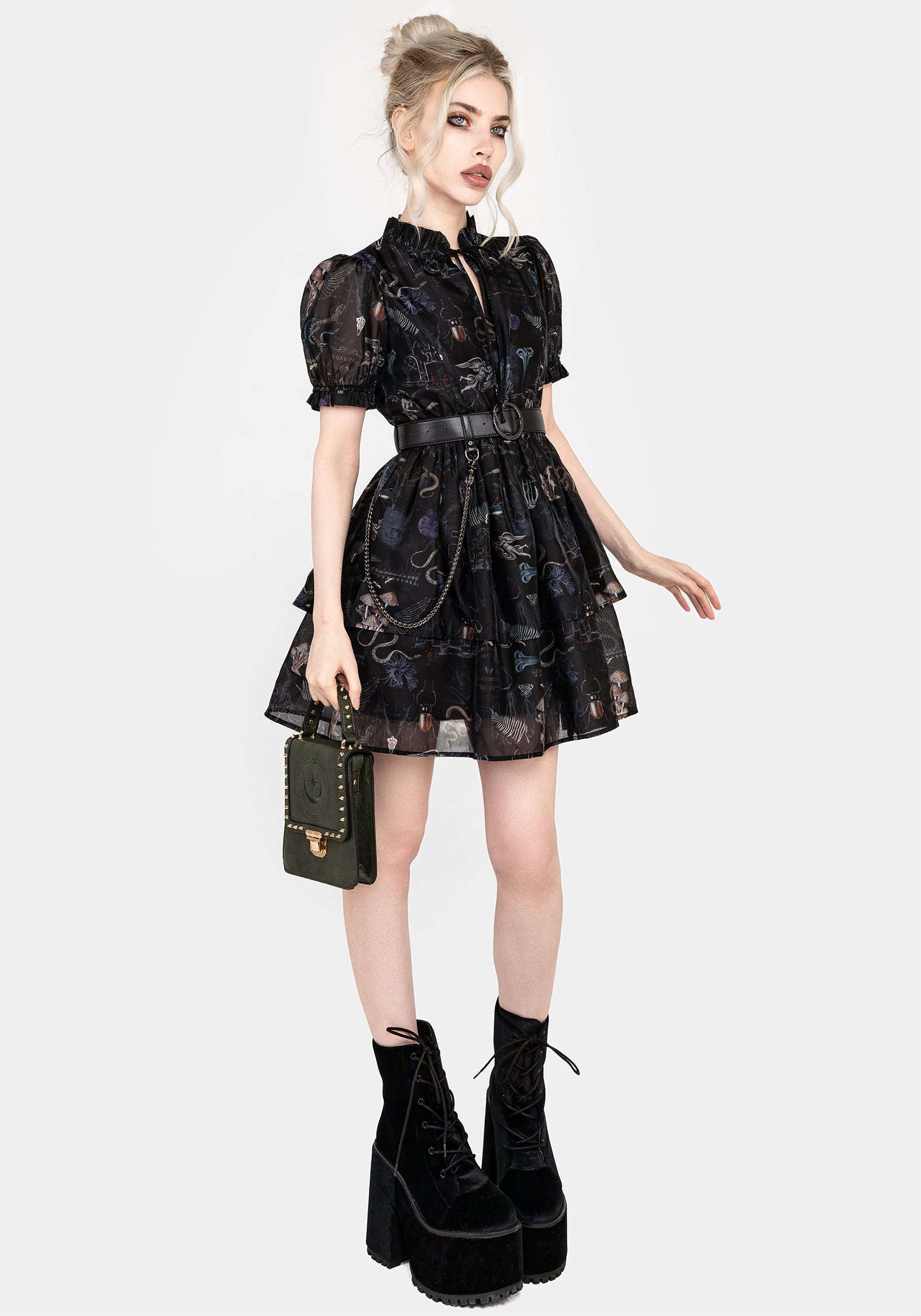 Gothic Victoriana Print Organza Mini Dress | Maudeline
