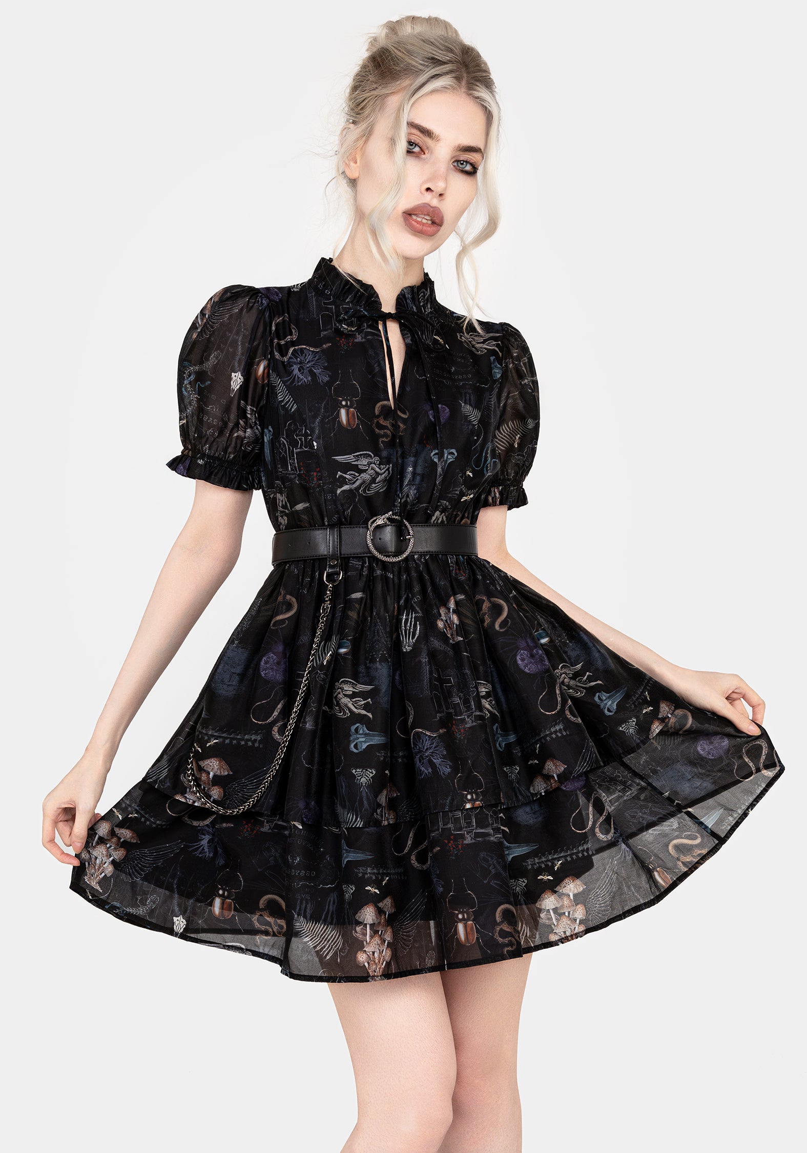 Gothic Victoriana Print Organza Mini Dress | Maudeline