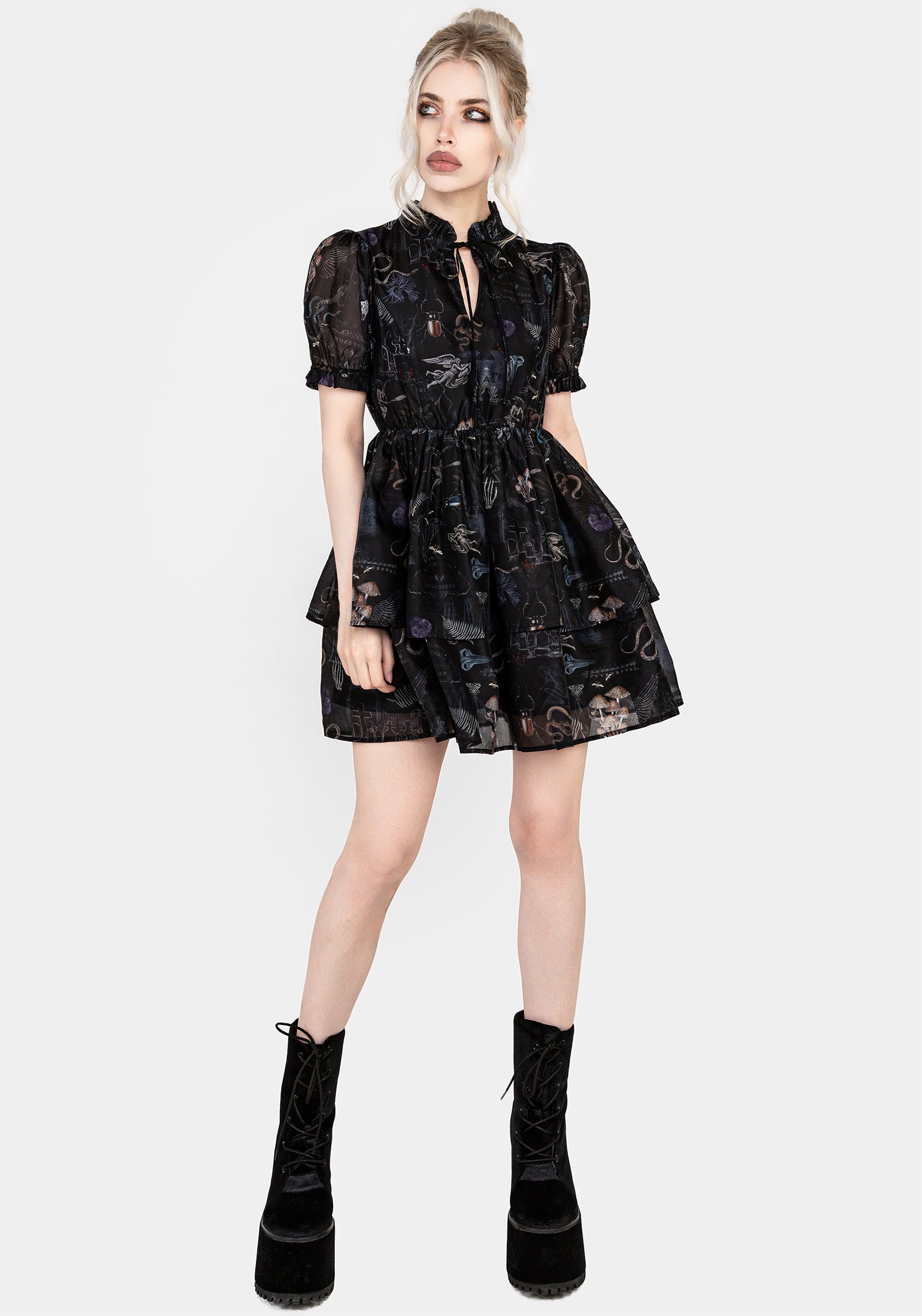 Gothic Victoriana Print Organza Mini Dress | Maudeline