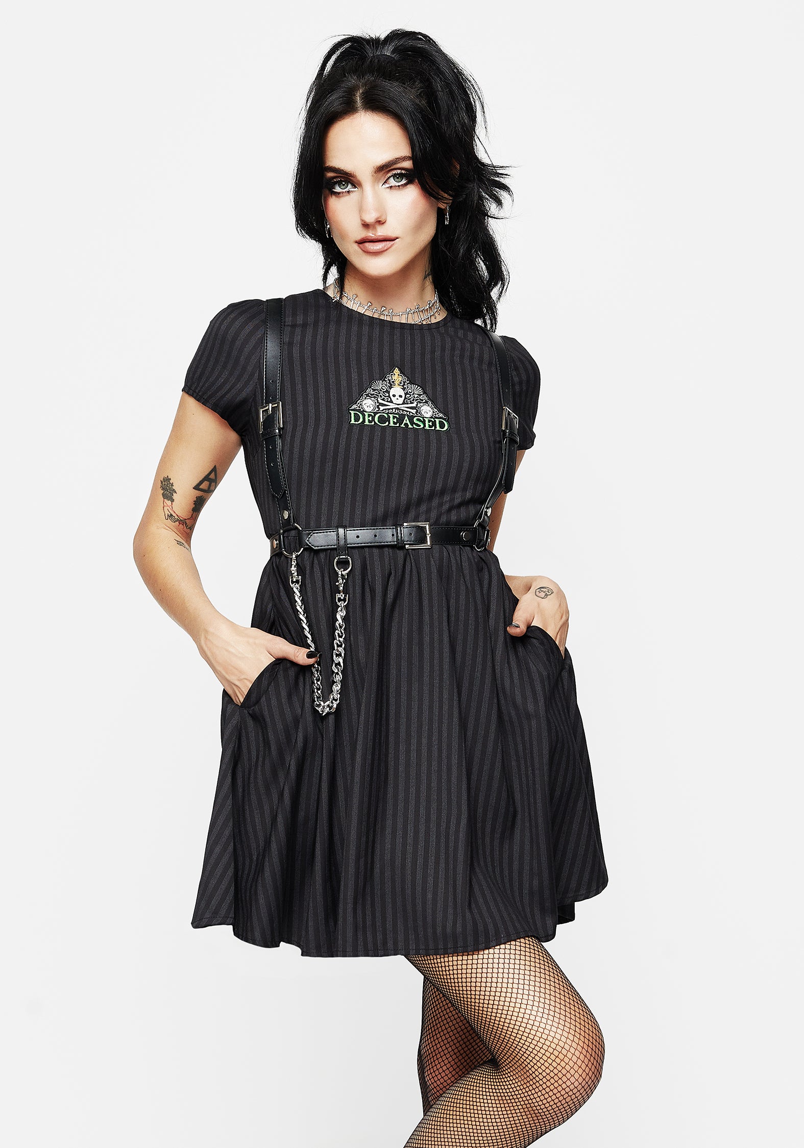 Black Striped Mini Skater Dress with Tombstone Embroidery | Deceased