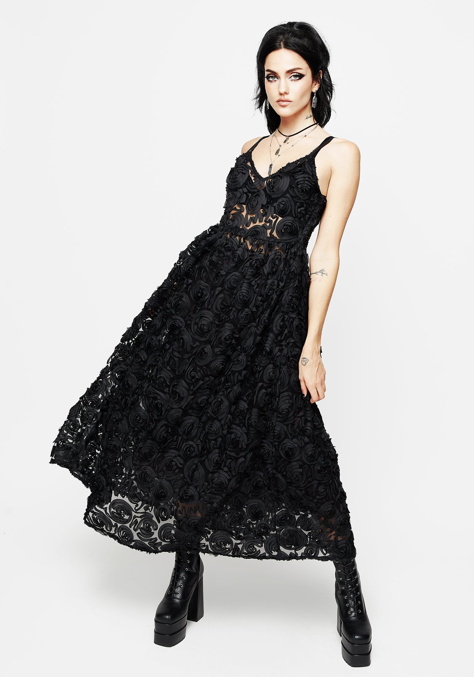 Black Rose Textured Mesh Midi Dress with V-Neck & Concealed Zipper