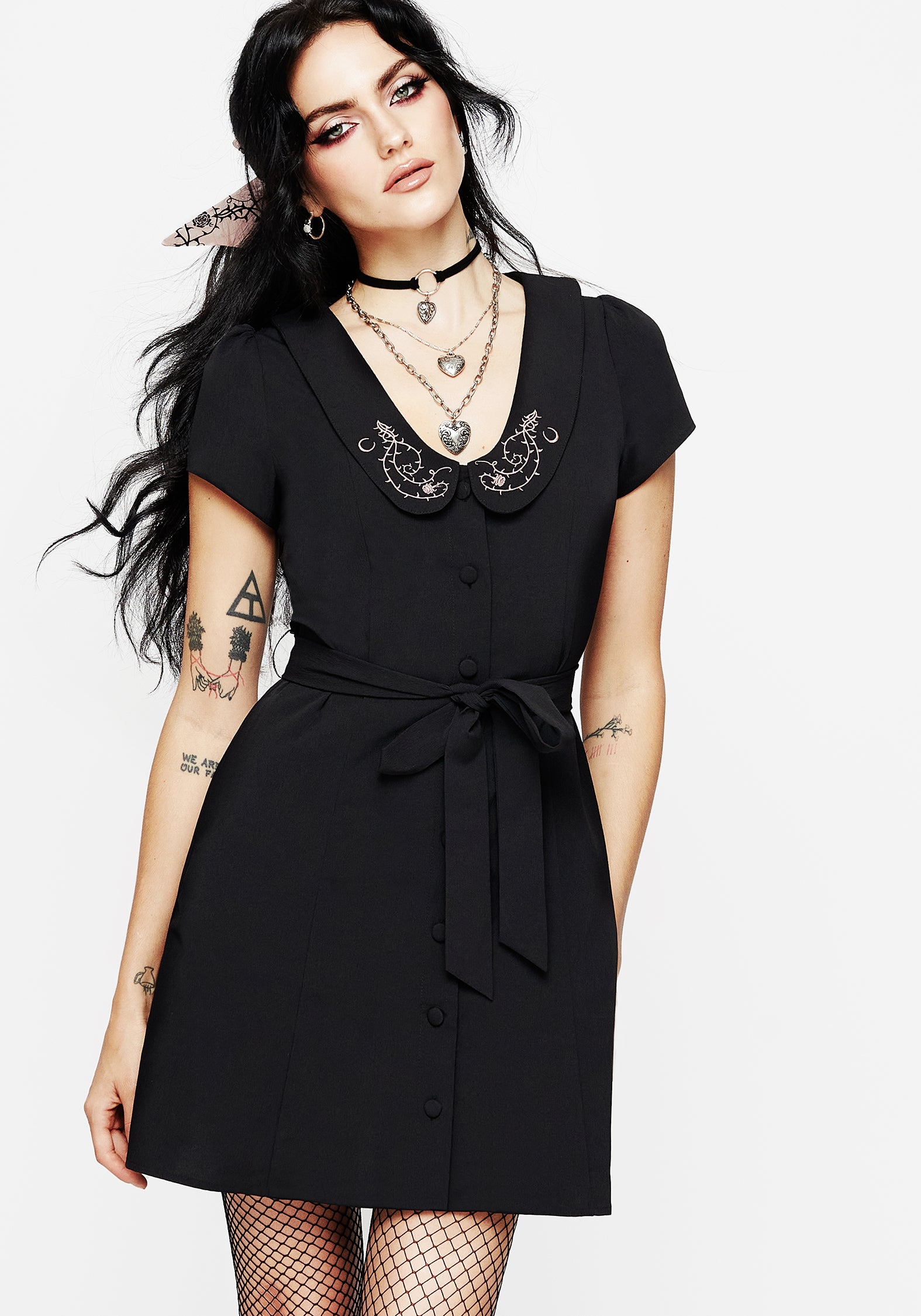 Black Floral Embroidered Mini Shirt Dress with Peter Pan Collar | Rosethorn