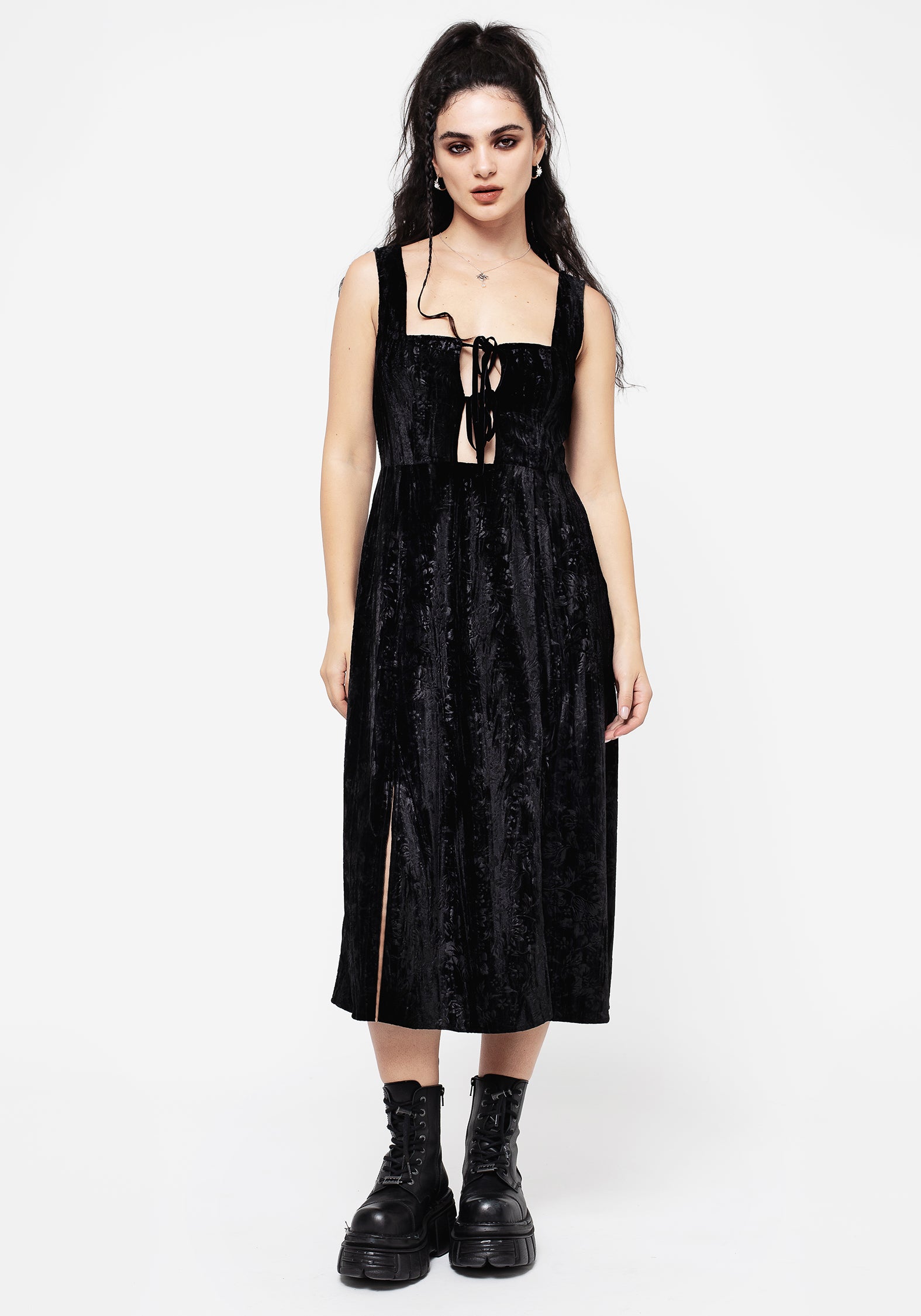 Floral Velour Tie Front Apron Midi Dress with Pockets | Maggie