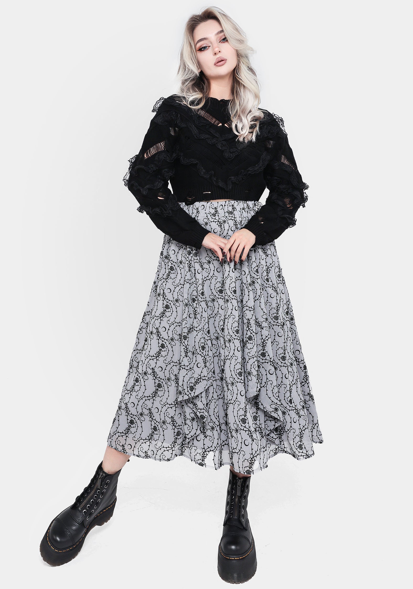 Blue Flocked Velour Floral Midi Skirt with Ruffles | Rosethorn
