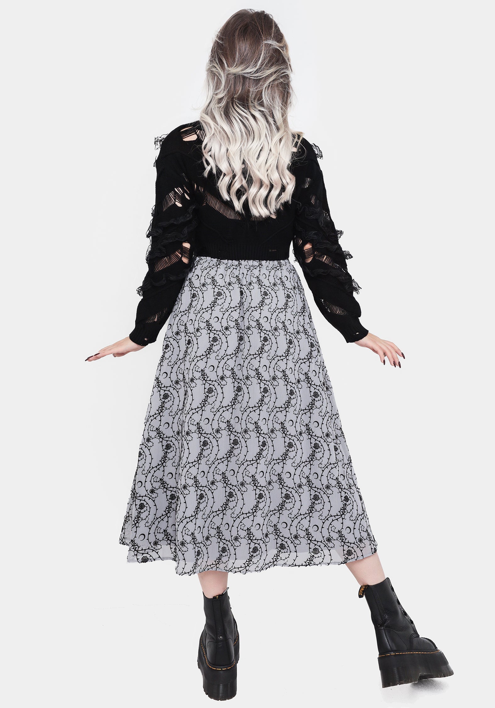 Blue Flocked Velour Floral Midi Skirt with Ruffles | Rosethorn