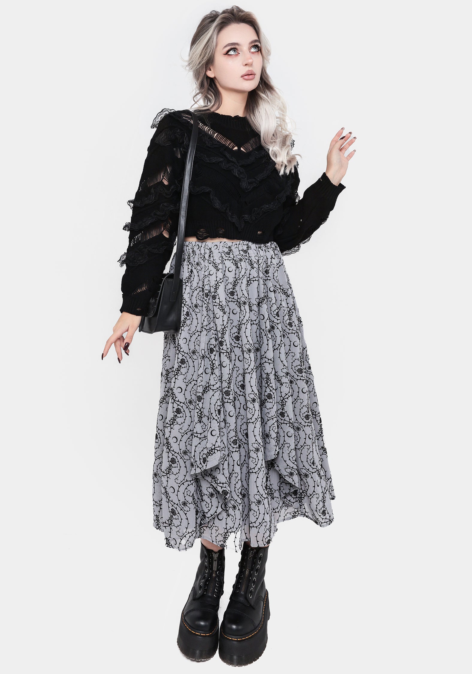 Blue Flocked Velour Floral Midi Skirt with Ruffles | Rosethorn