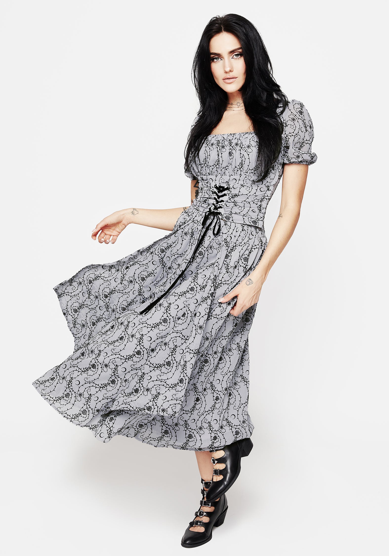 Blue Flocked Velour Floral Midi Skirt with Ruffles | Rosethorn