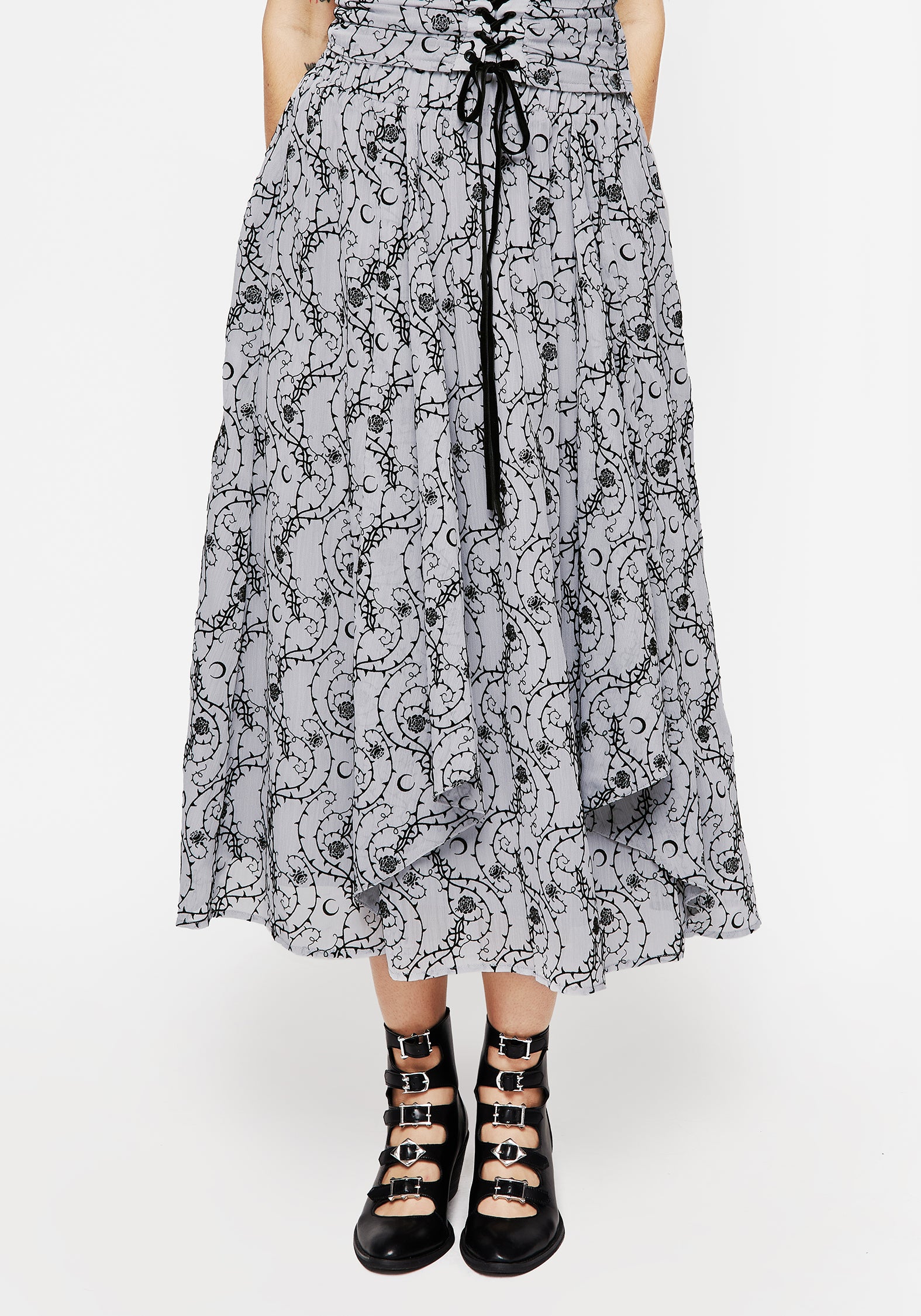 Blue Flocked Velour Floral Midi Skirt with Ruffles | Rosethorn