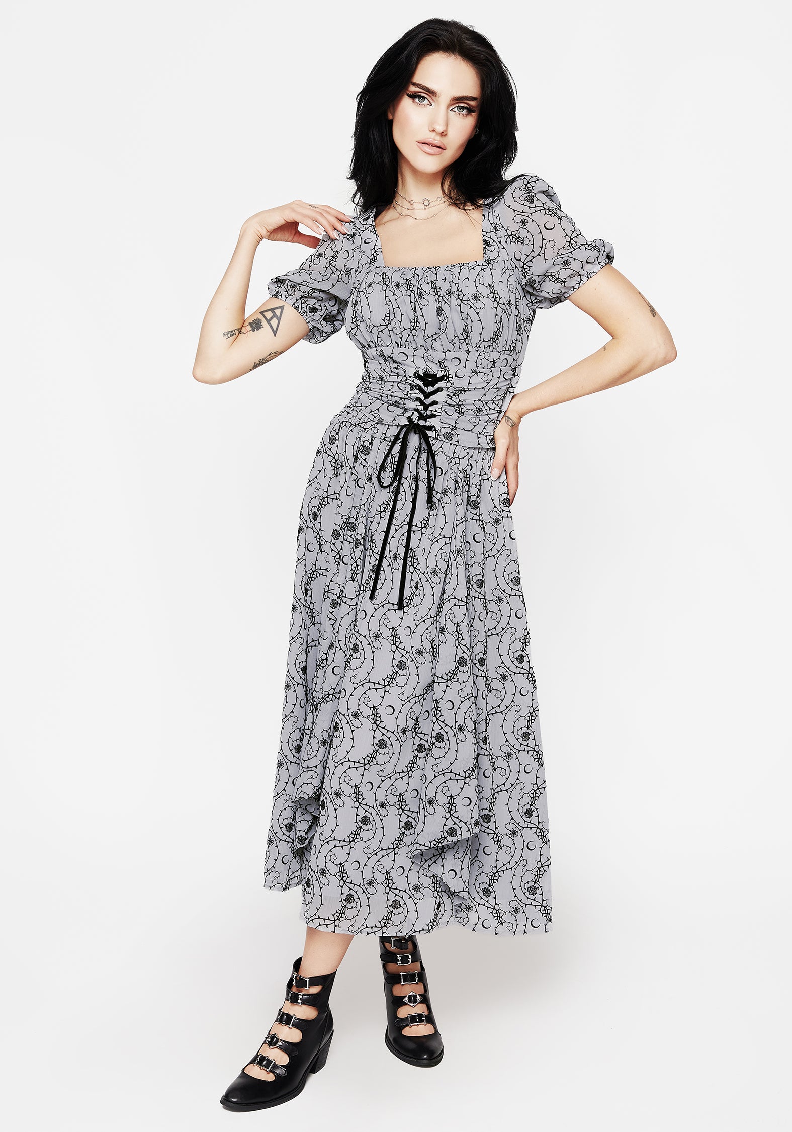 Blue Flocked Velour Floral Midi Skirt with Ruffles | Rosethorn