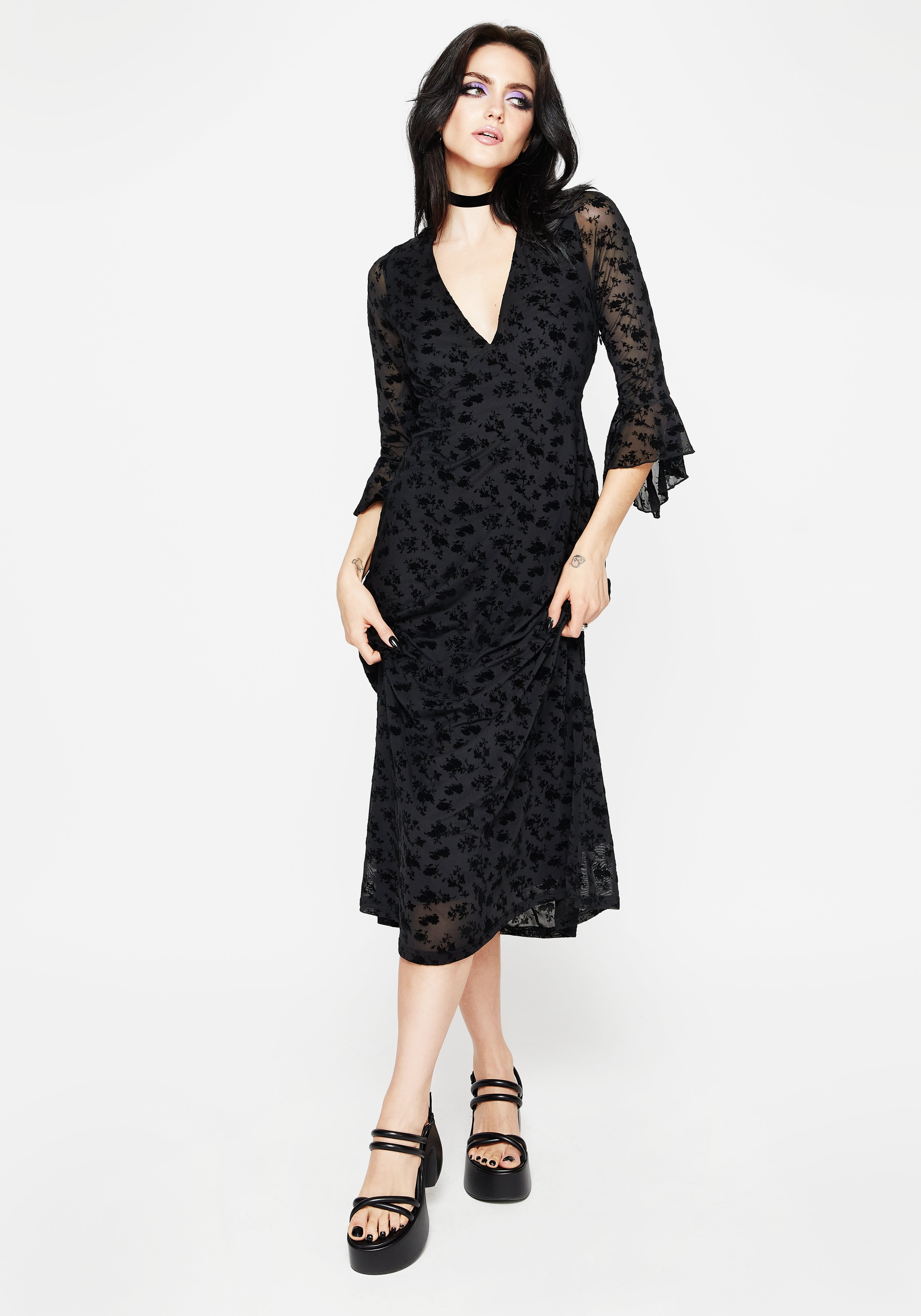 Floral Mesh Layered Dress with V-Neck & Flared Sleeves | Conduit