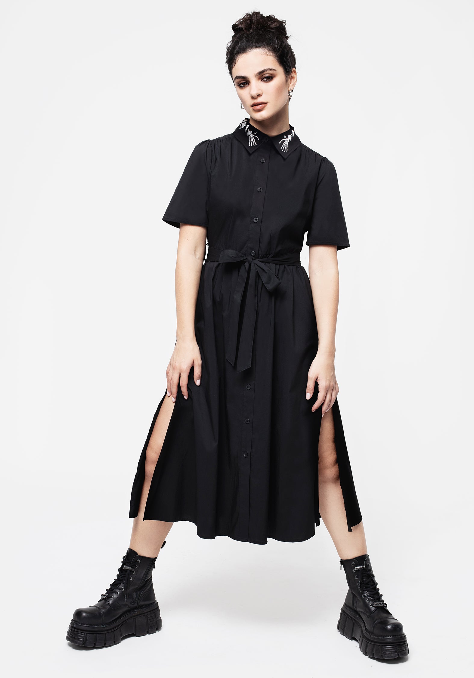 Black Embroidered Midi Shirt Dress with Skeleton Collar | Tempora