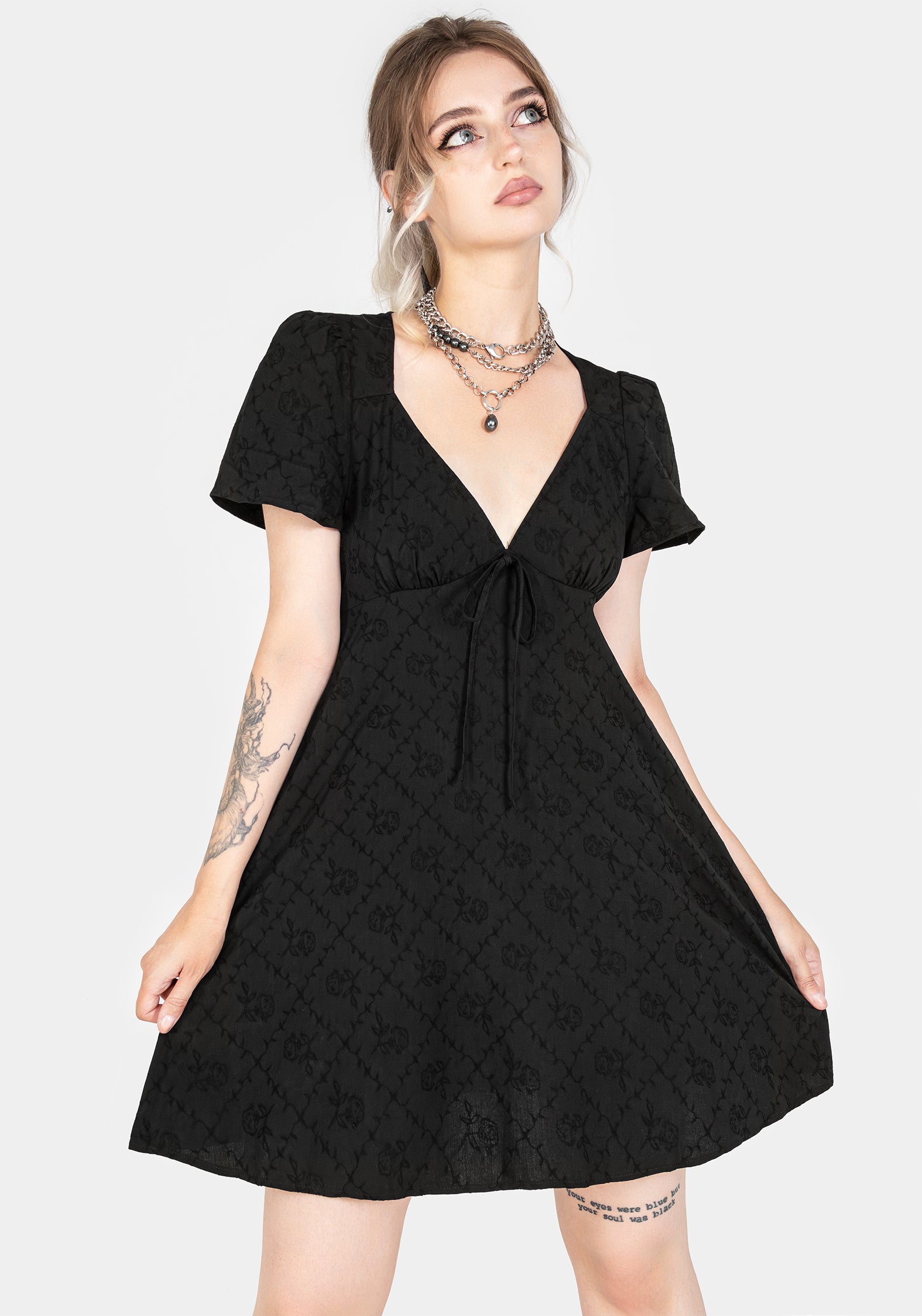 Floral Jacquard Mini Dress with V-Neck & A-Line Skirt | Polgara