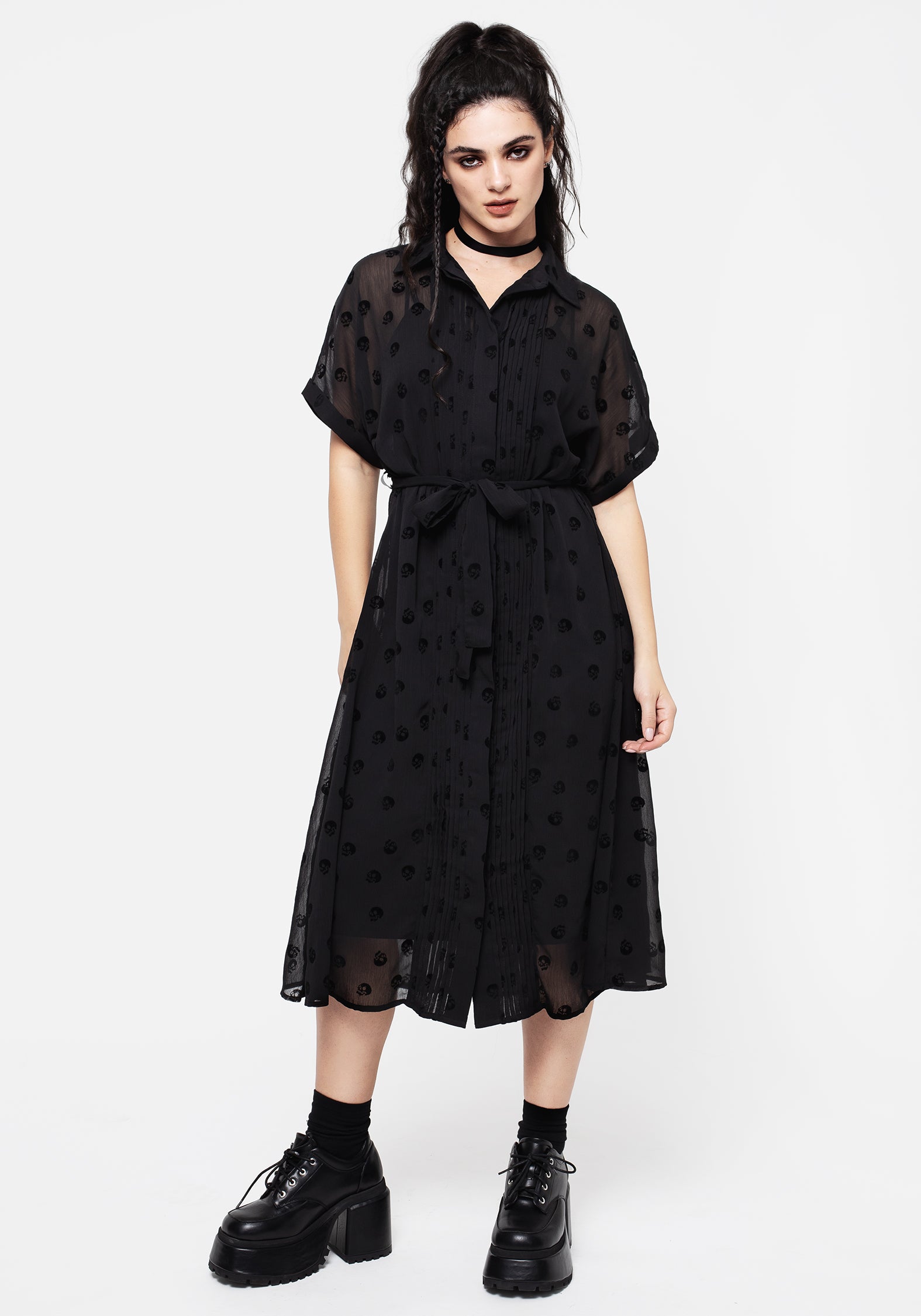Black Skull Flocked Chiffon Midi Dress | Pintuck Shirt Dress