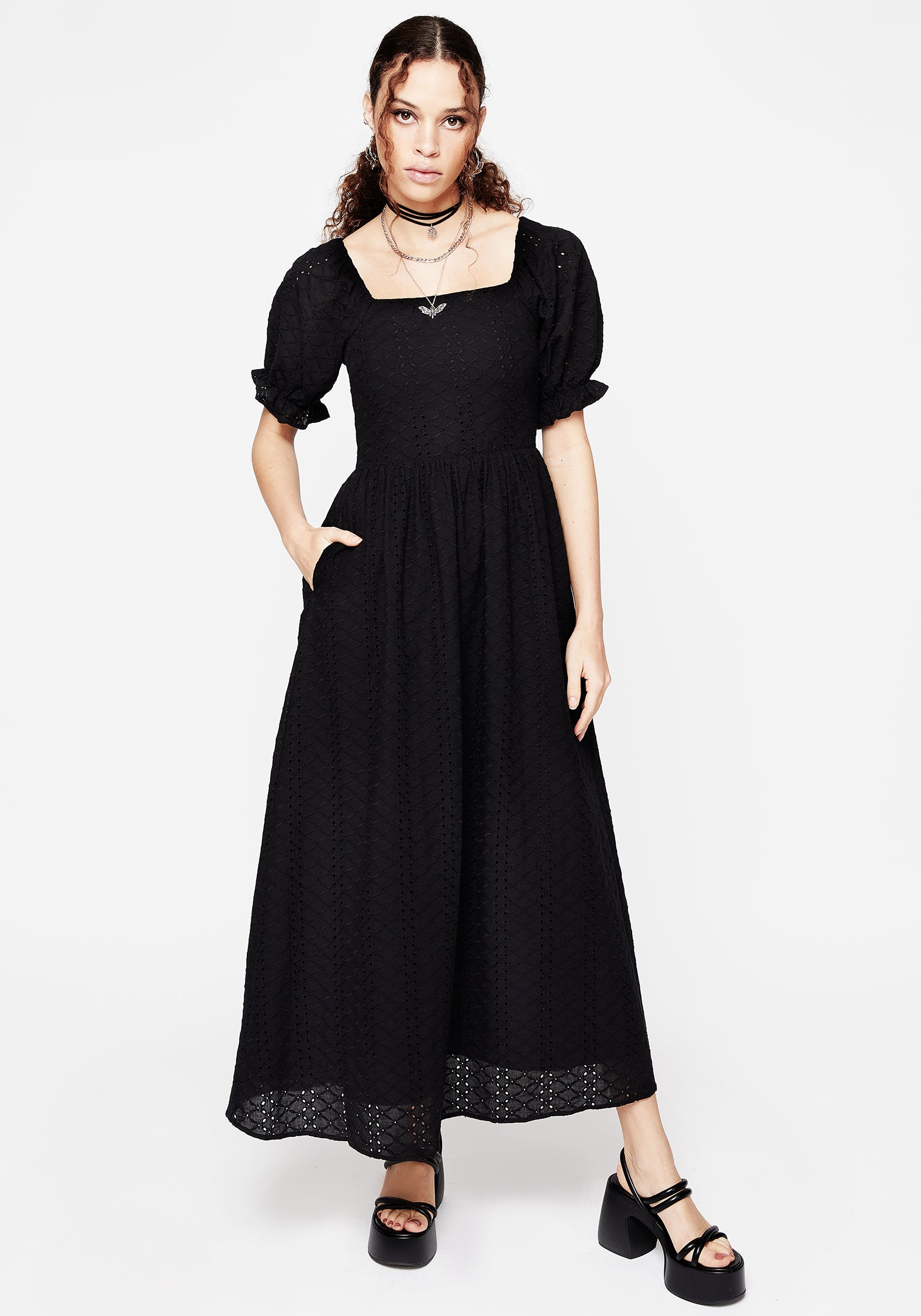 Black Broderie Puff Sleeve Maxi Dress with Pockets | Euthymia
