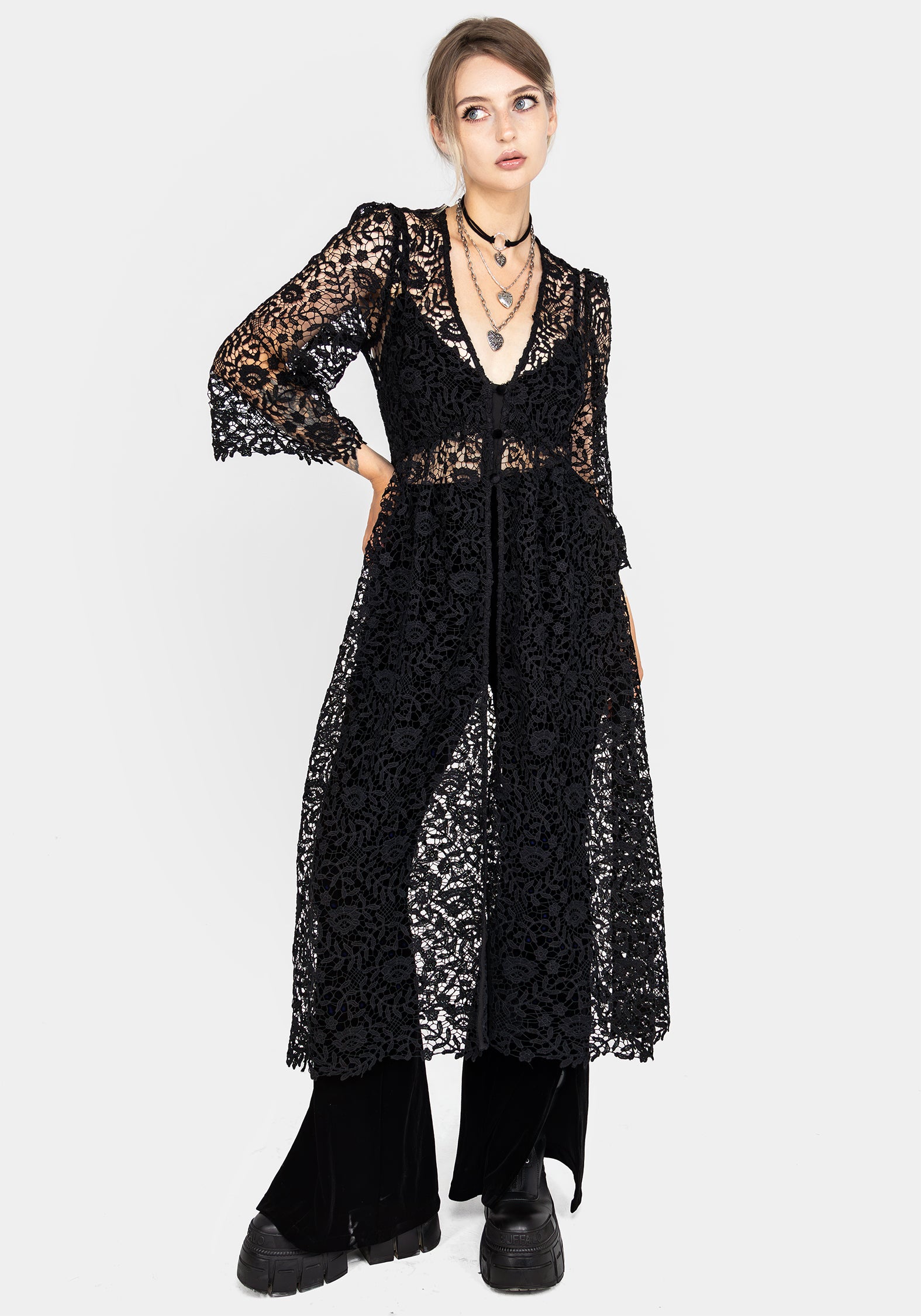 Black Floral Lace Overdress with V-Neck & ¾ Sleeves | Folia