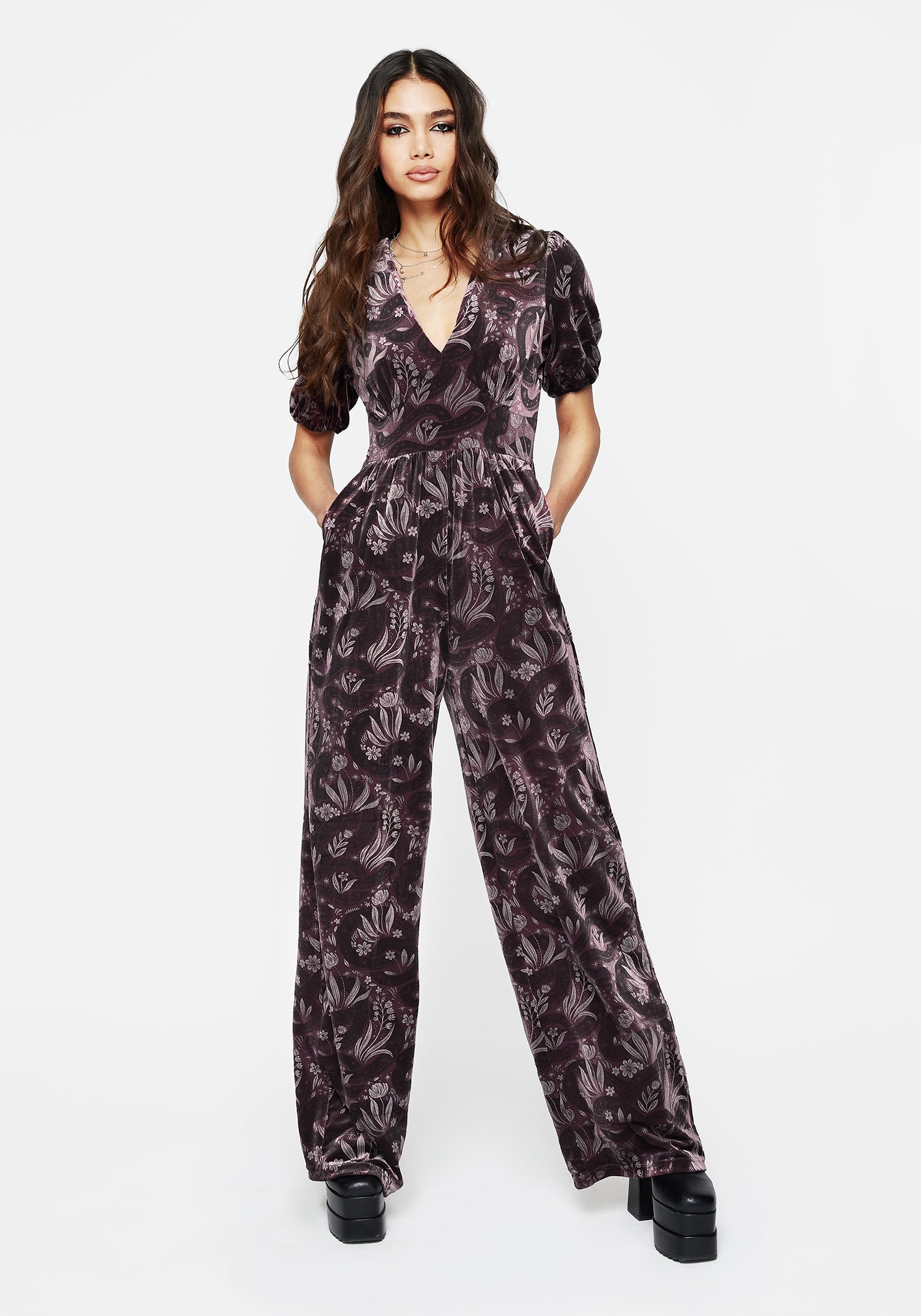 Burgundy Snake Foil Print Velour Jumpsuit for Parties | Bigi