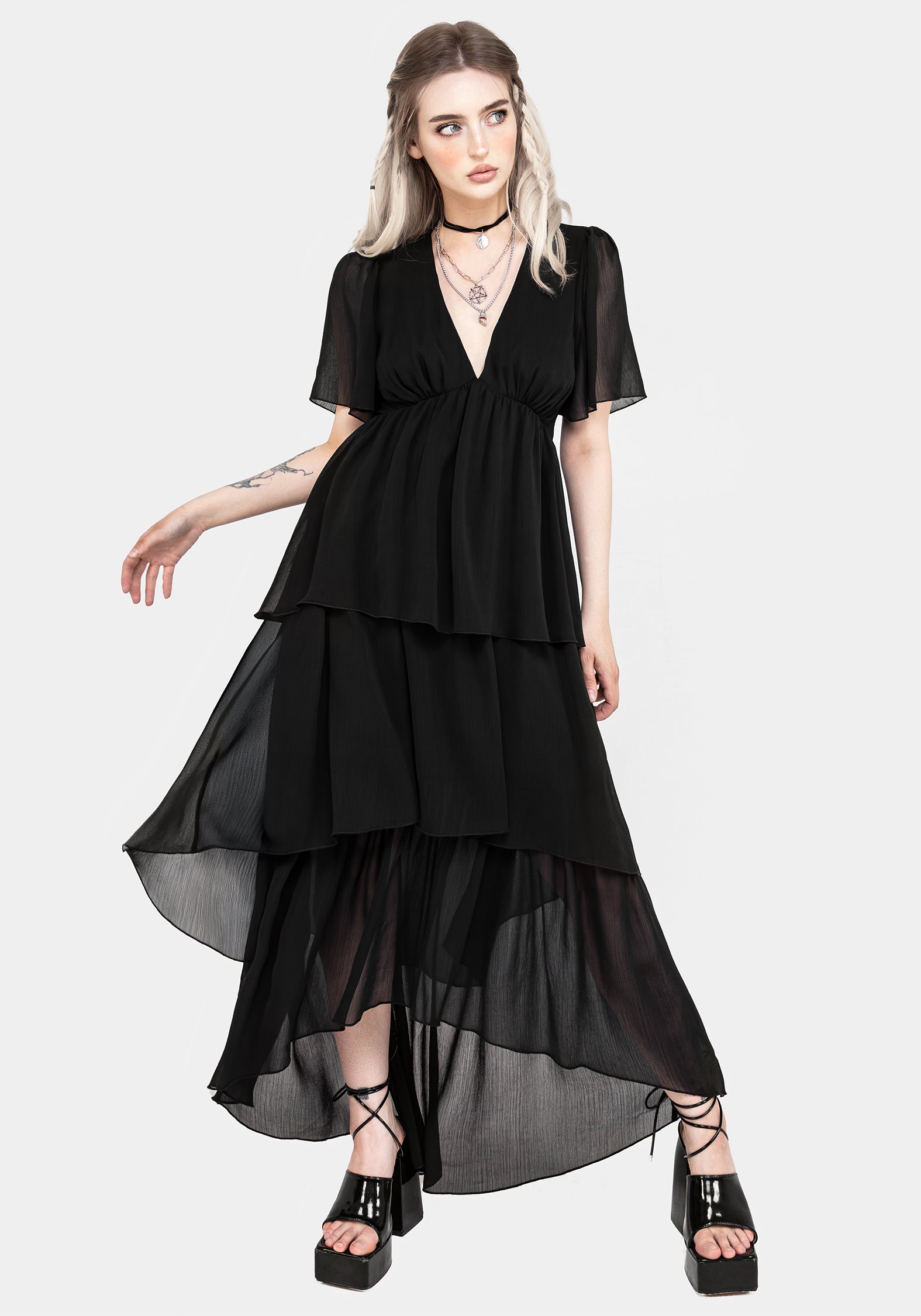 Black Chiffon Tiered High-Low Dress with V-Neck & Angel Sleeves | Sasha