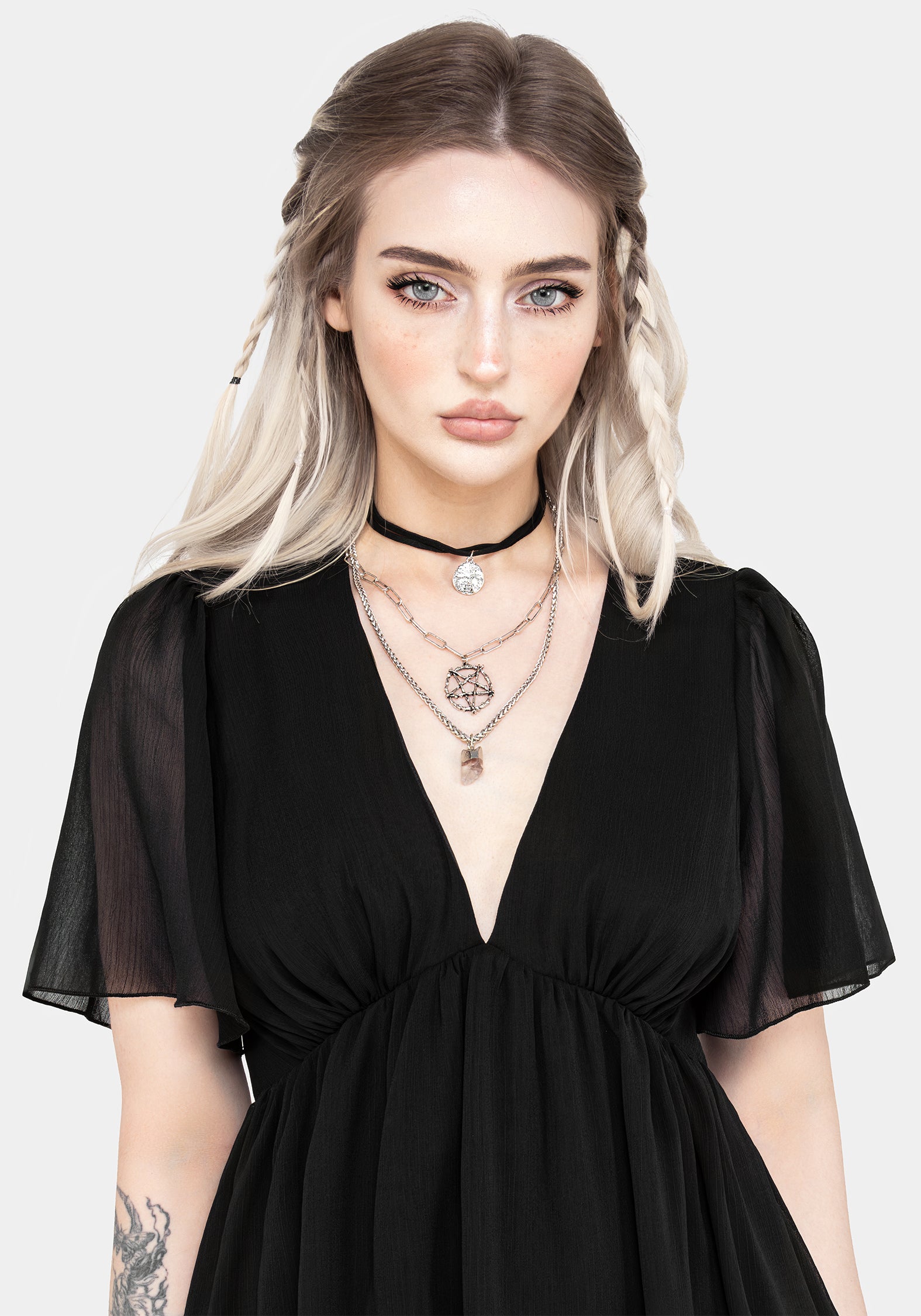Black Chiffon Tiered High-Low Dress with V-Neck & Angel Sleeves | Sasha