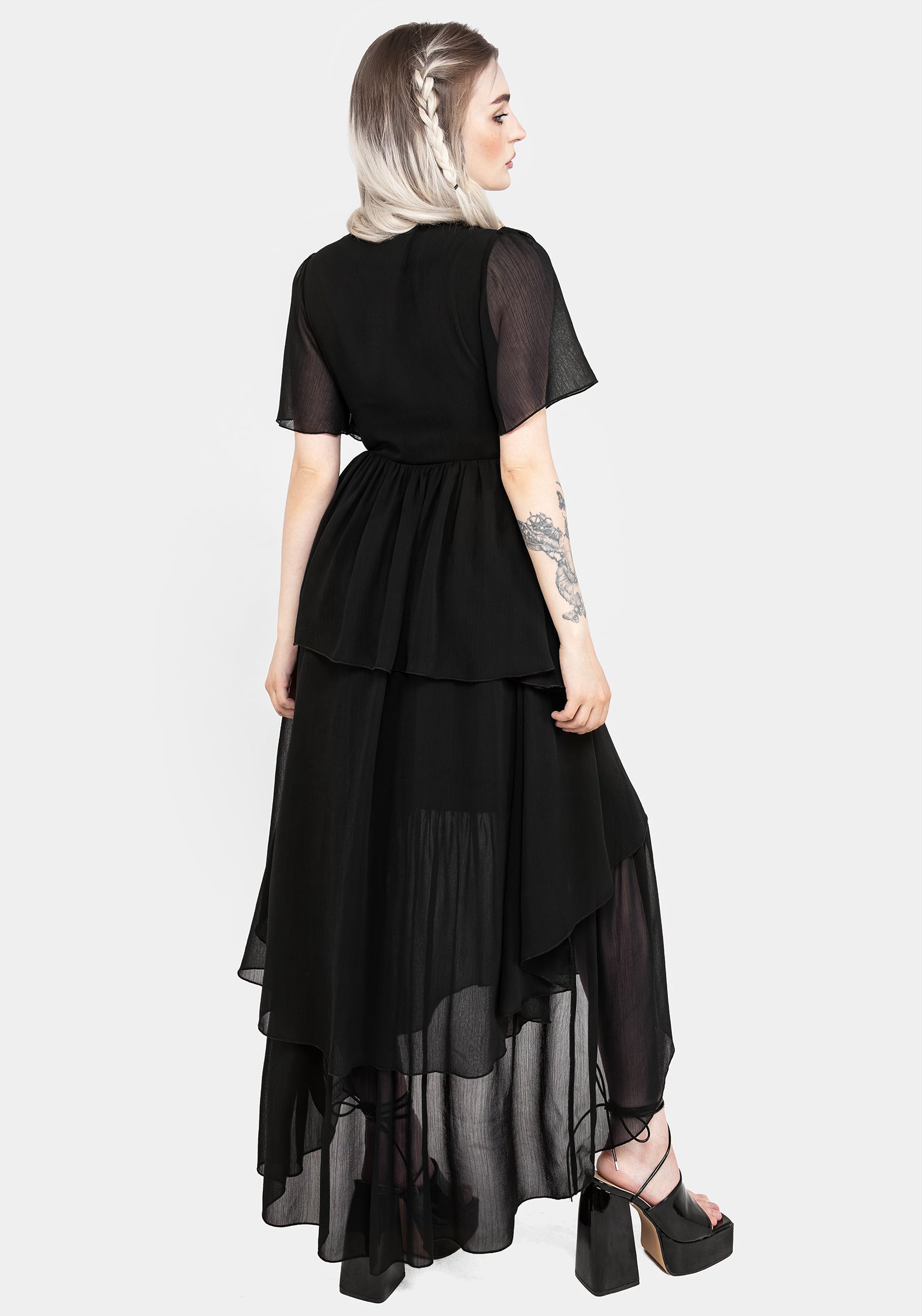 Black Chiffon Tiered High-Low Dress with V-Neck & Angel Sleeves | Sasha