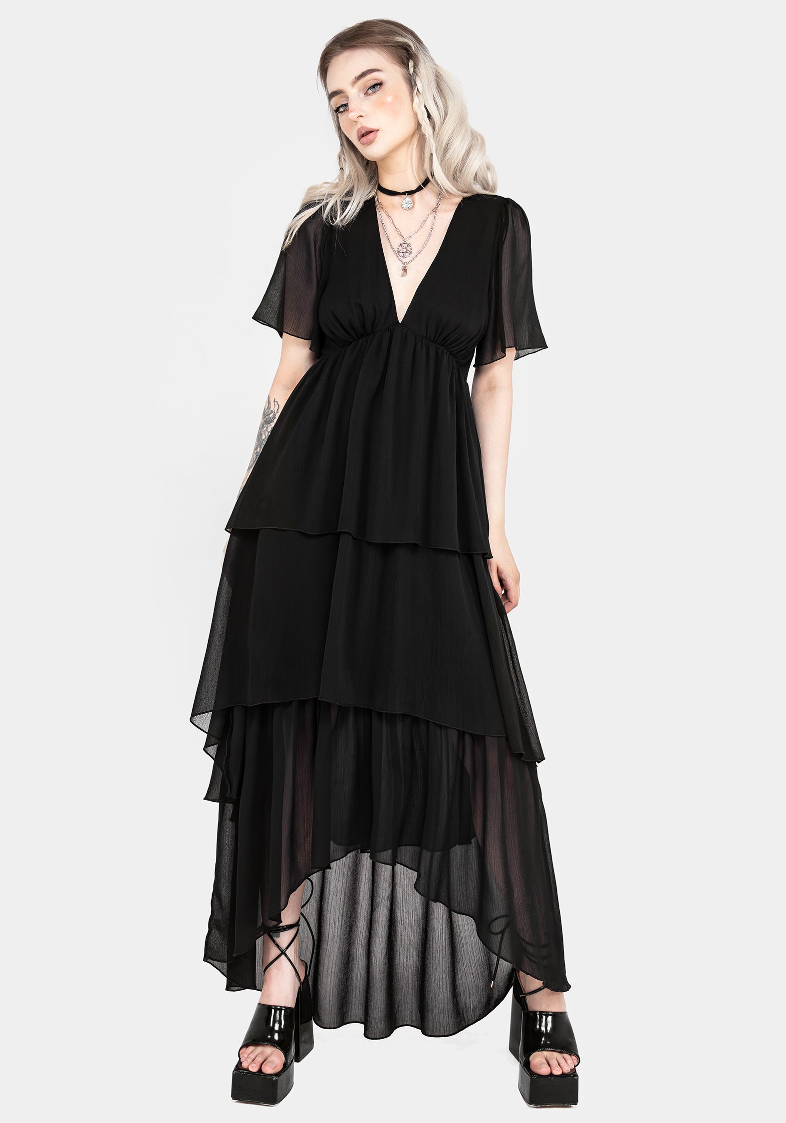 Black Chiffon Tiered High-Low Dress with V-Neck & Angel Sleeves | Sasha