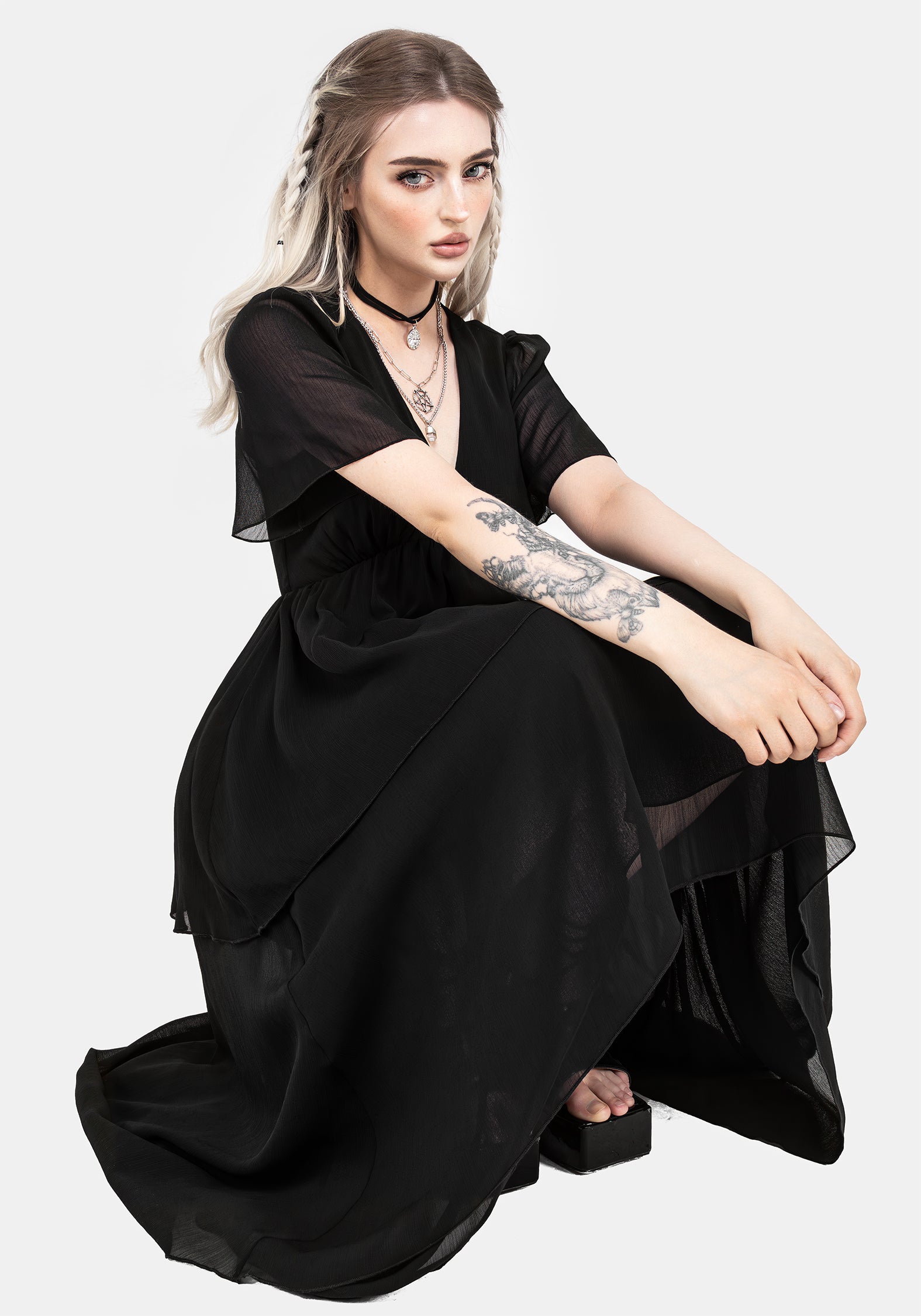 Black Chiffon Tiered High-Low Dress with V-Neck & Angel Sleeves | Sasha