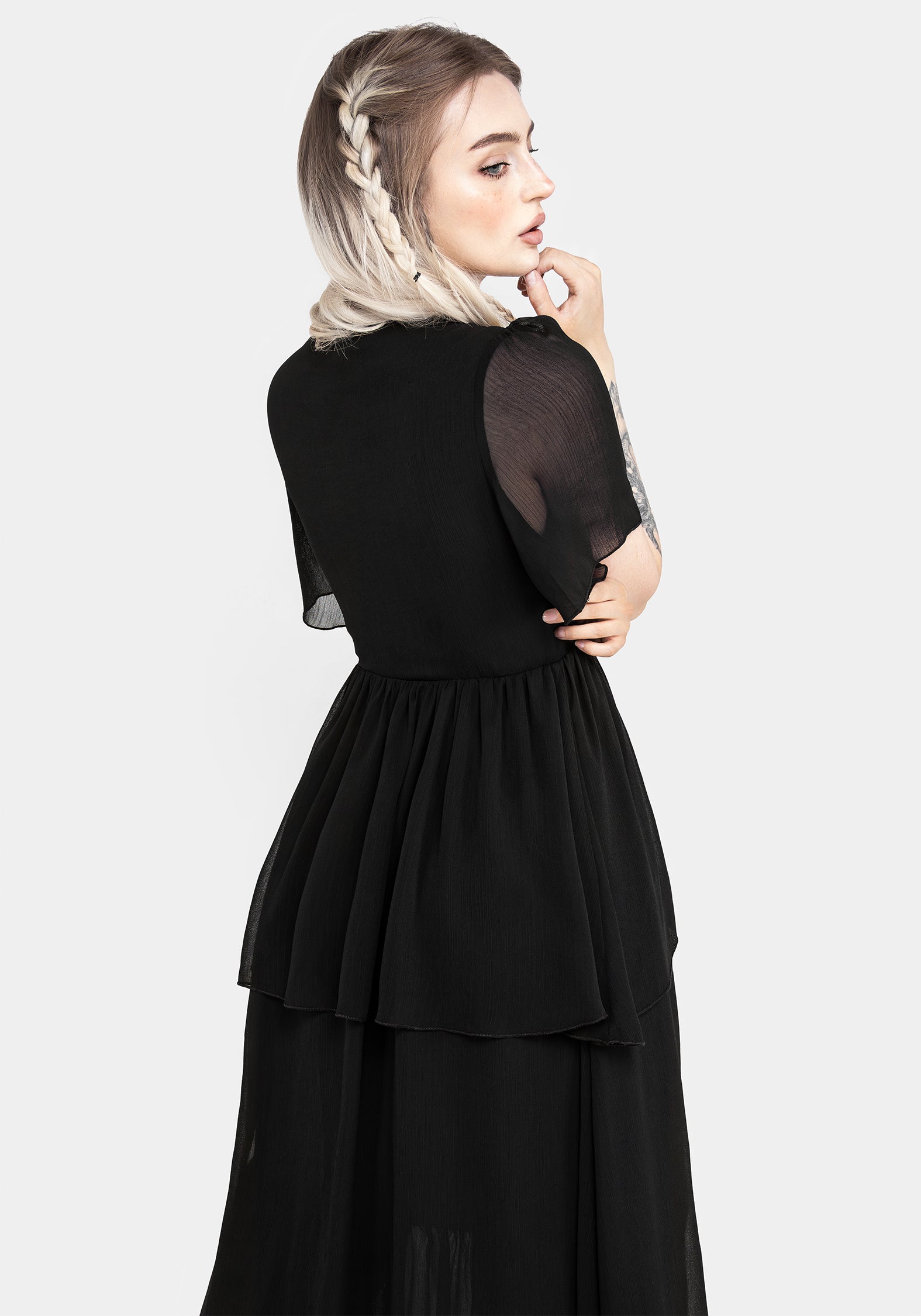 Black Chiffon Tiered High-Low Dress with V-Neck & Angel Sleeves | Sasha