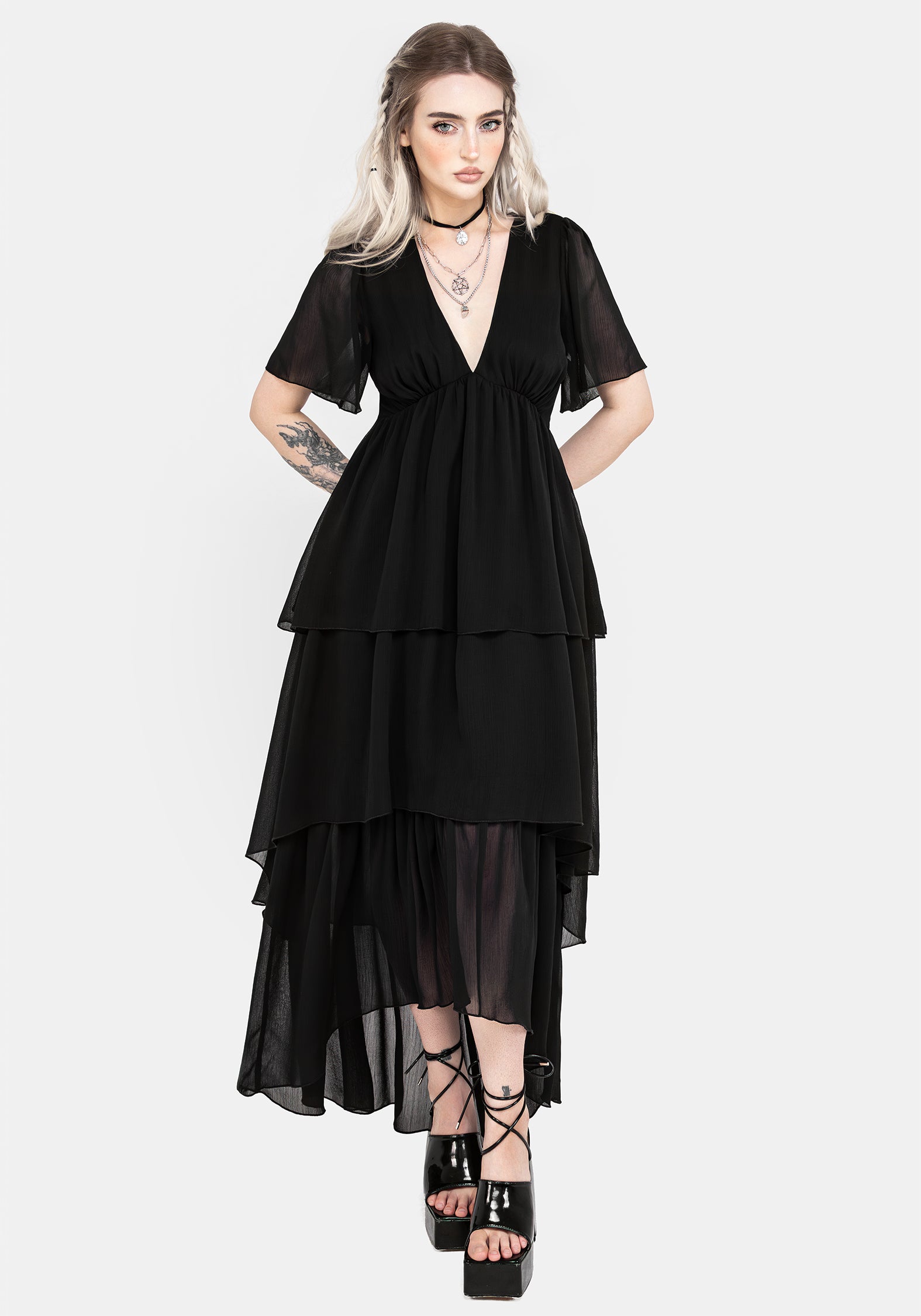 Black Chiffon Tiered High-Low Dress with V-Neck & Angel Sleeves | Sasha