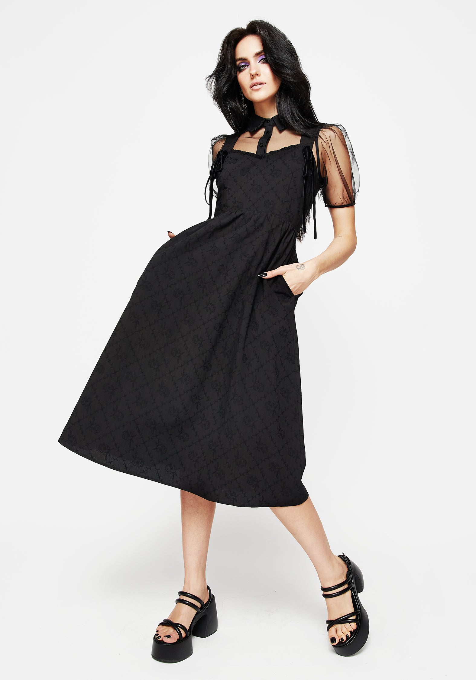 Black Floral Embroidered Corset Midi Dress with Pockets | Inga