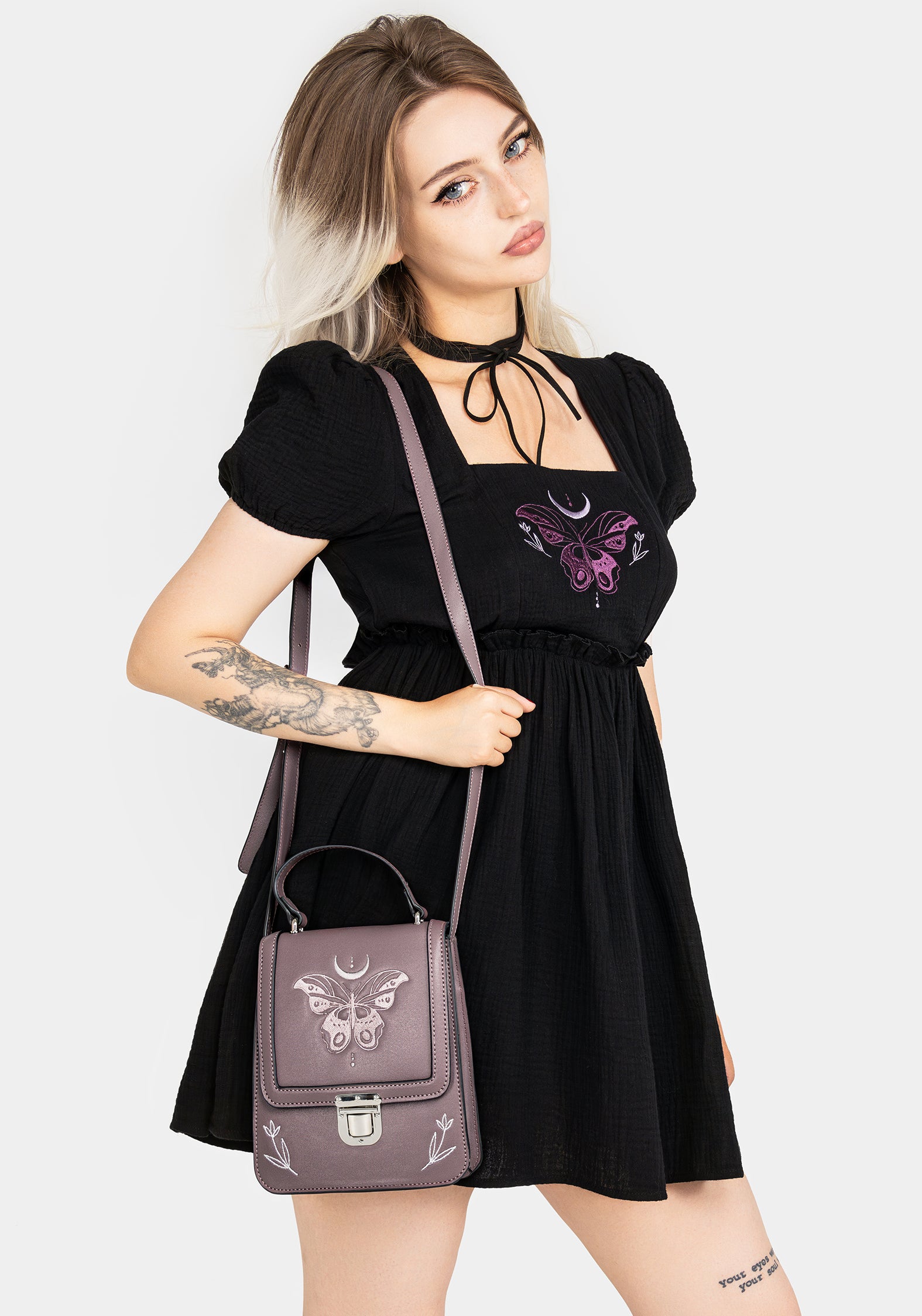 Butterfly Embroidered Puff Sleeve Mini Dress | Cotton Fit 'n' Flare
