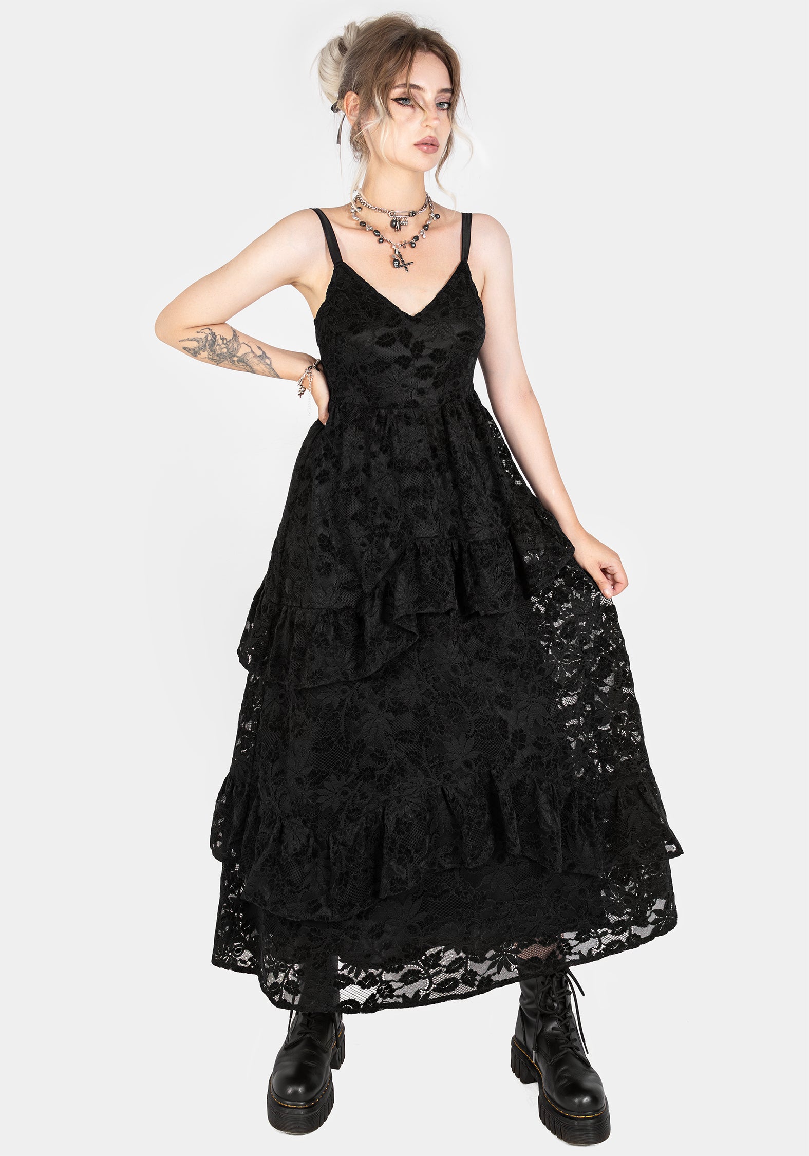 Black Floral Lace Tiered Dress with V-Neck | Dauphine
