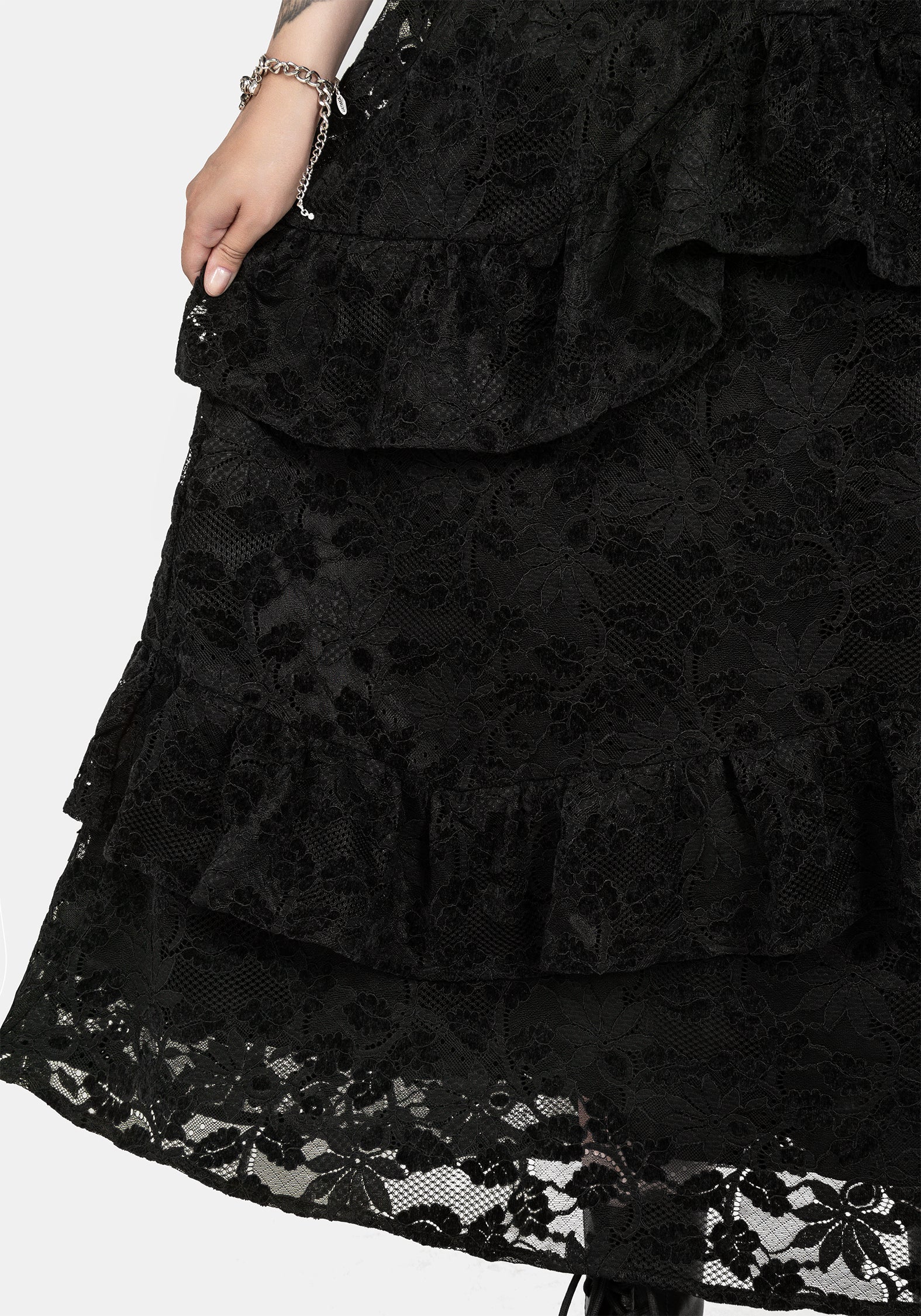 Black Floral Lace Tiered Dress with V-Neck | Dauphine
