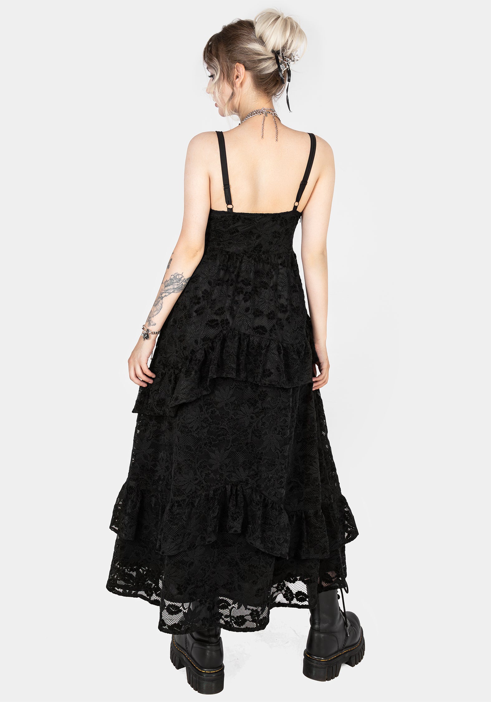Black Floral Lace Tiered Dress with V-Neck | Dauphine
