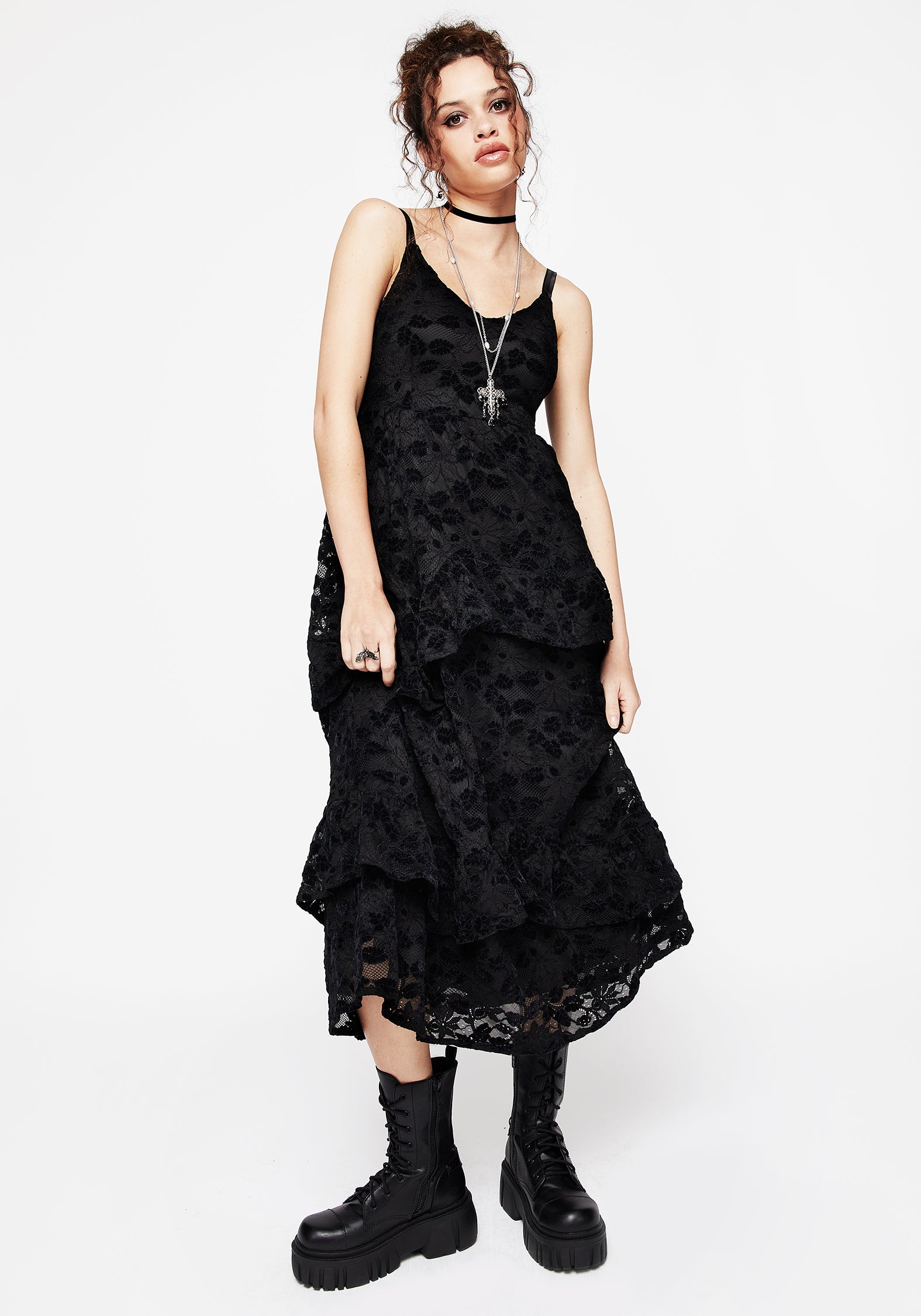 Black Floral Lace Tiered Dress with V-Neck | Dauphine